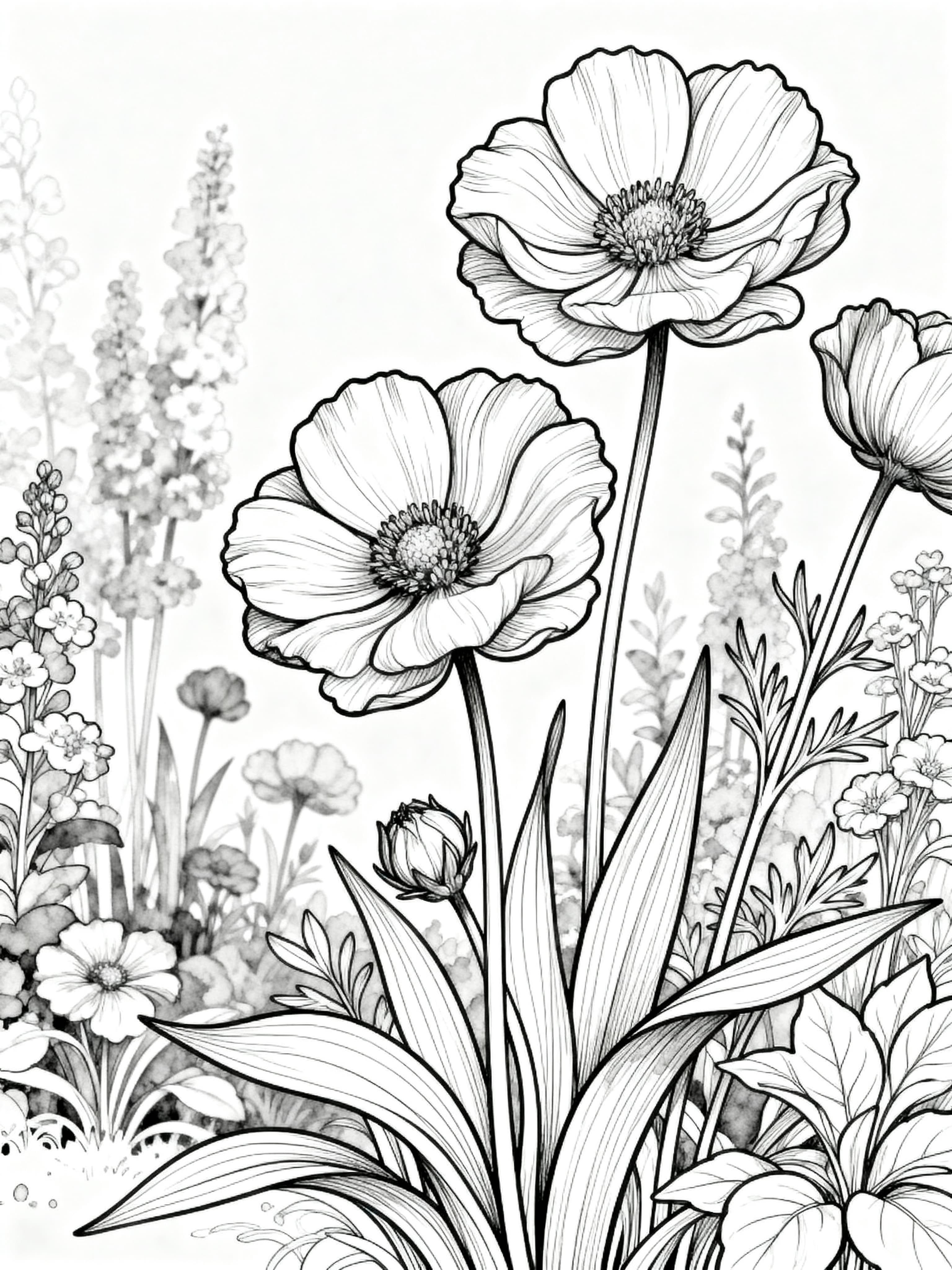 Printable coloring page of beautiful flowers in a garden outline for coloring