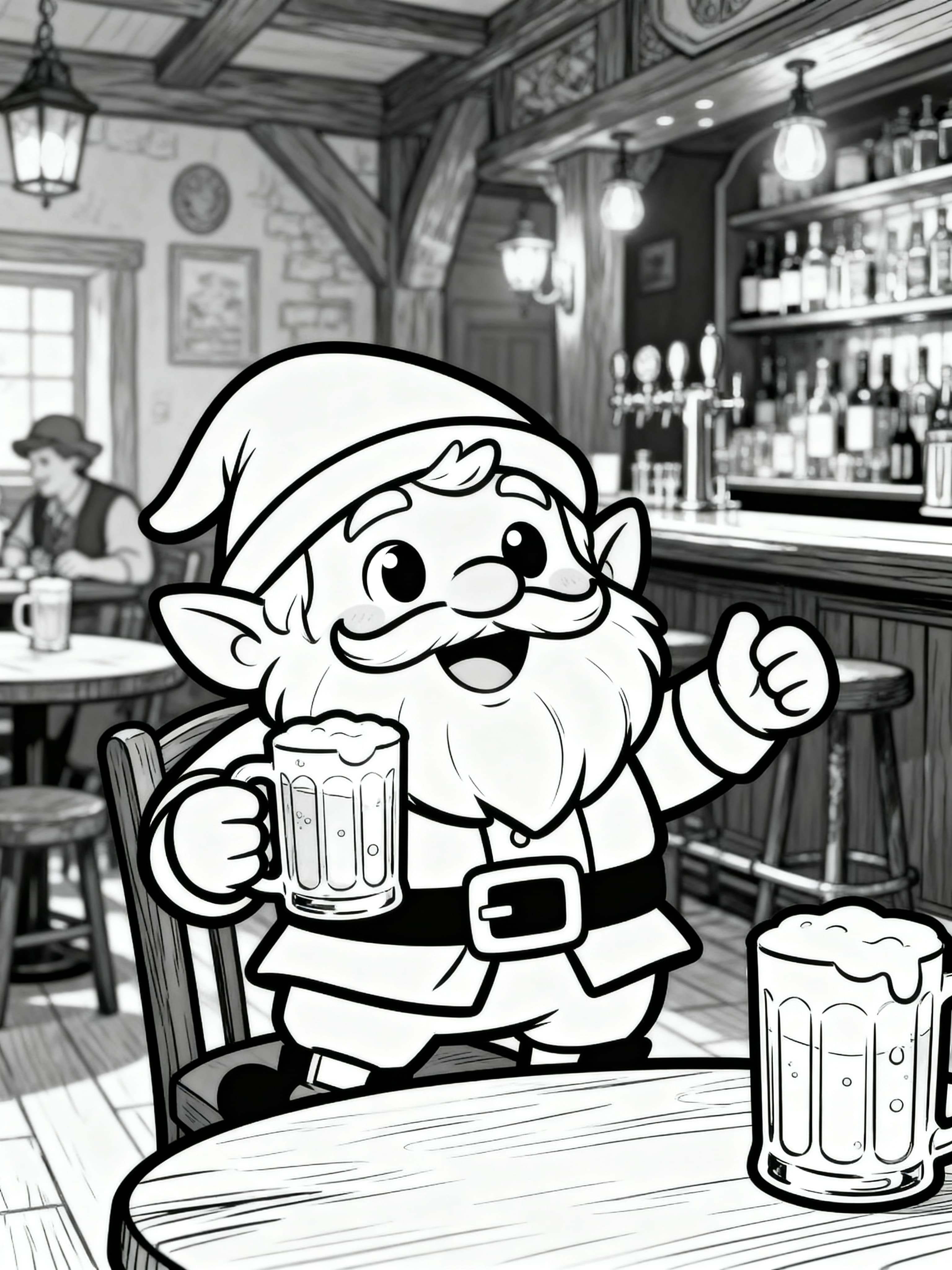 Cute cartoon dwarf enjoying food and drinks in a cozy pub setting, perfect for coloring