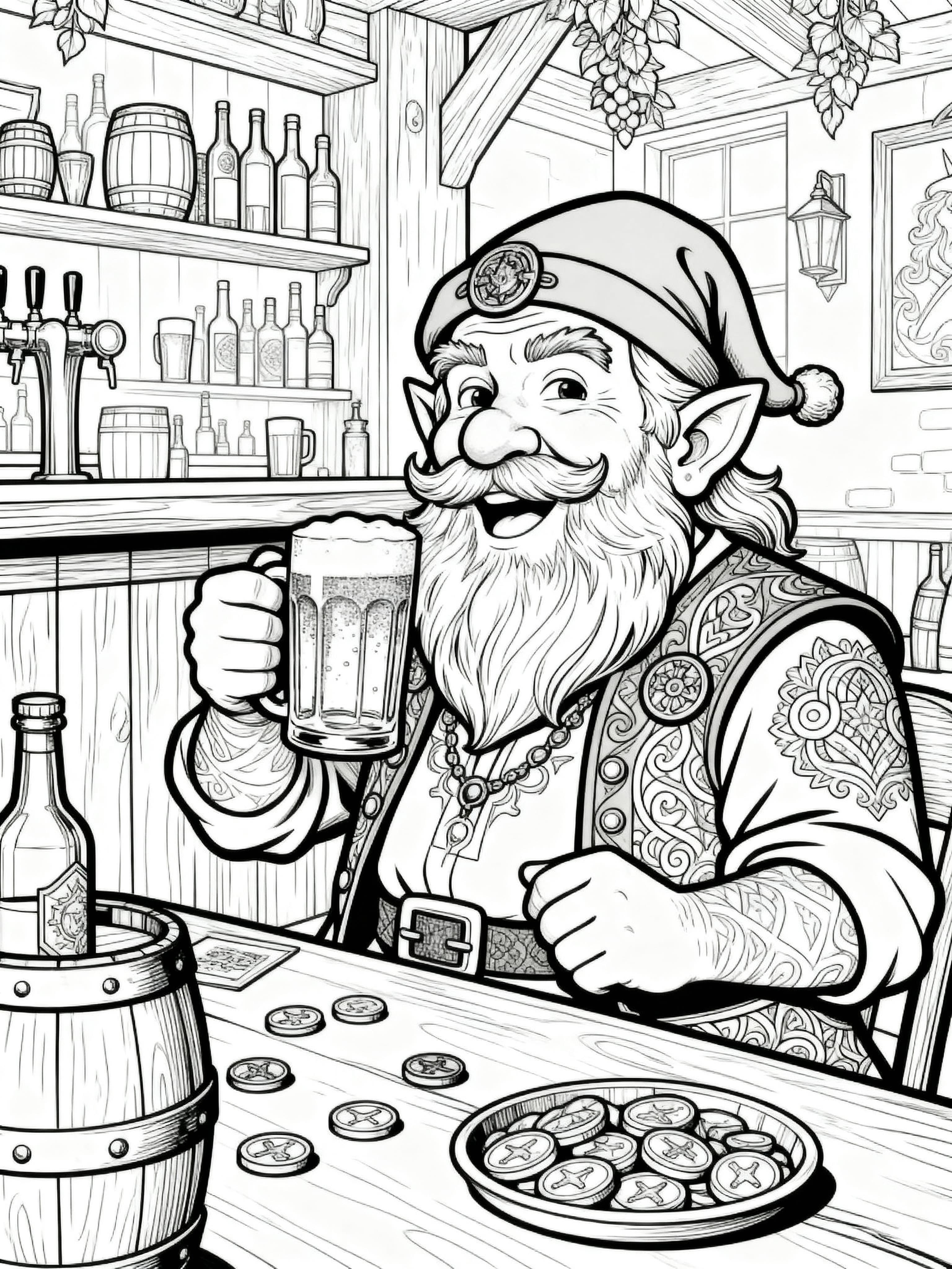 Detailed coloring page of a dwarf enjoying time in a pub with food and drinks