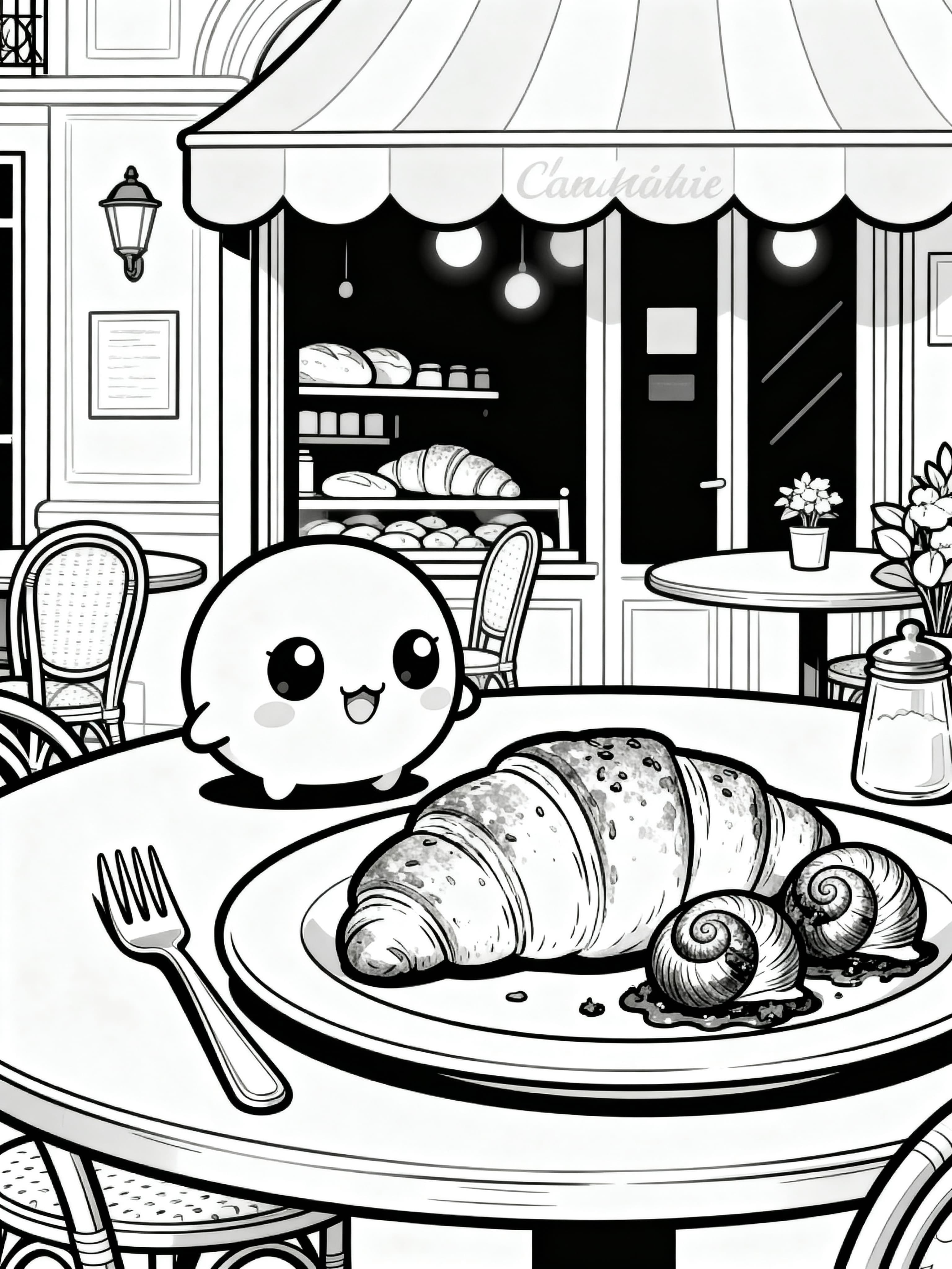 Cute Cartoon Delicious croissants and escargots on a charming bistro table setting Coloring Page