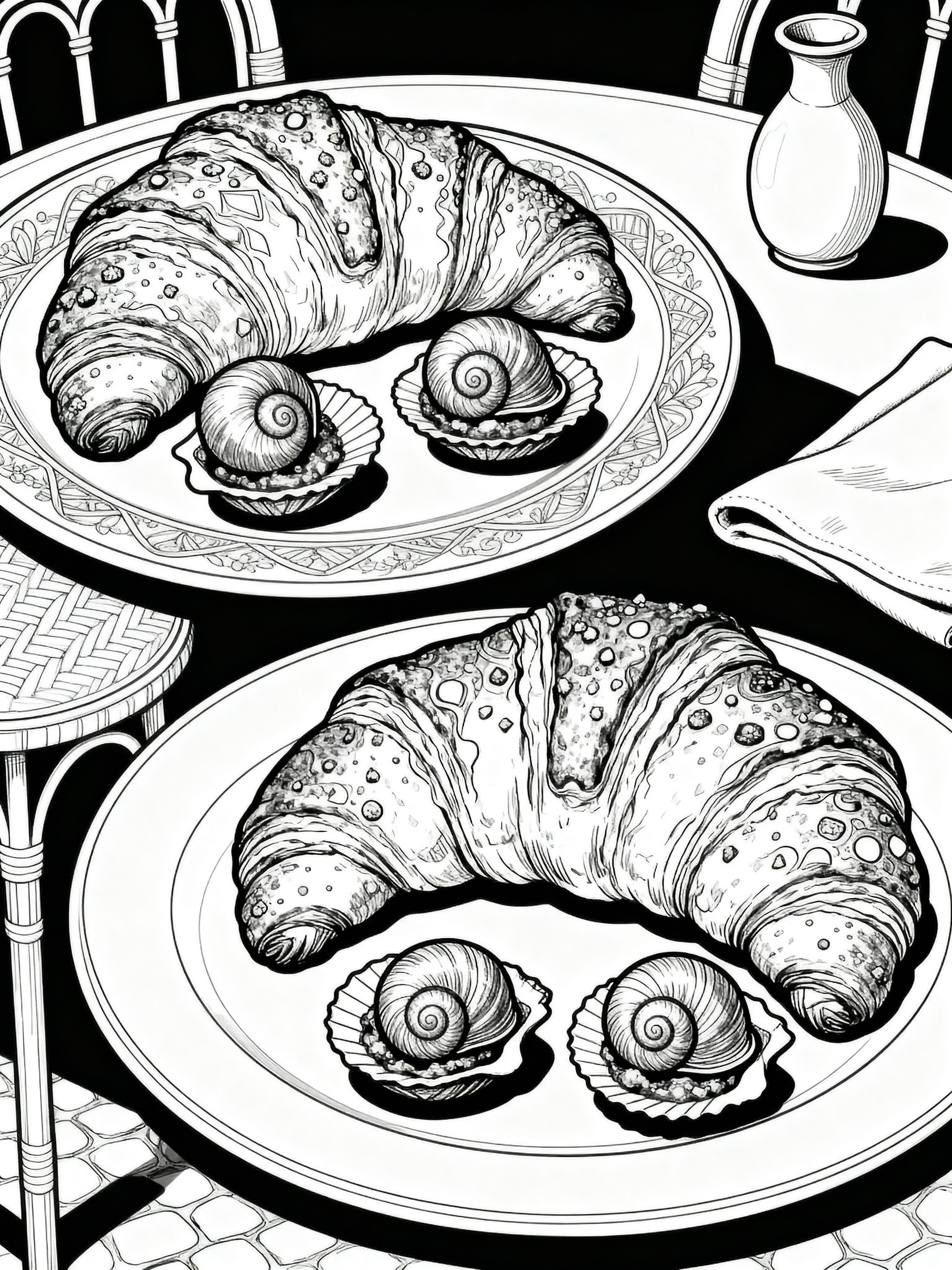 Printable coloring page featuring delicious croissants and escargots on a charming bistro table setting
