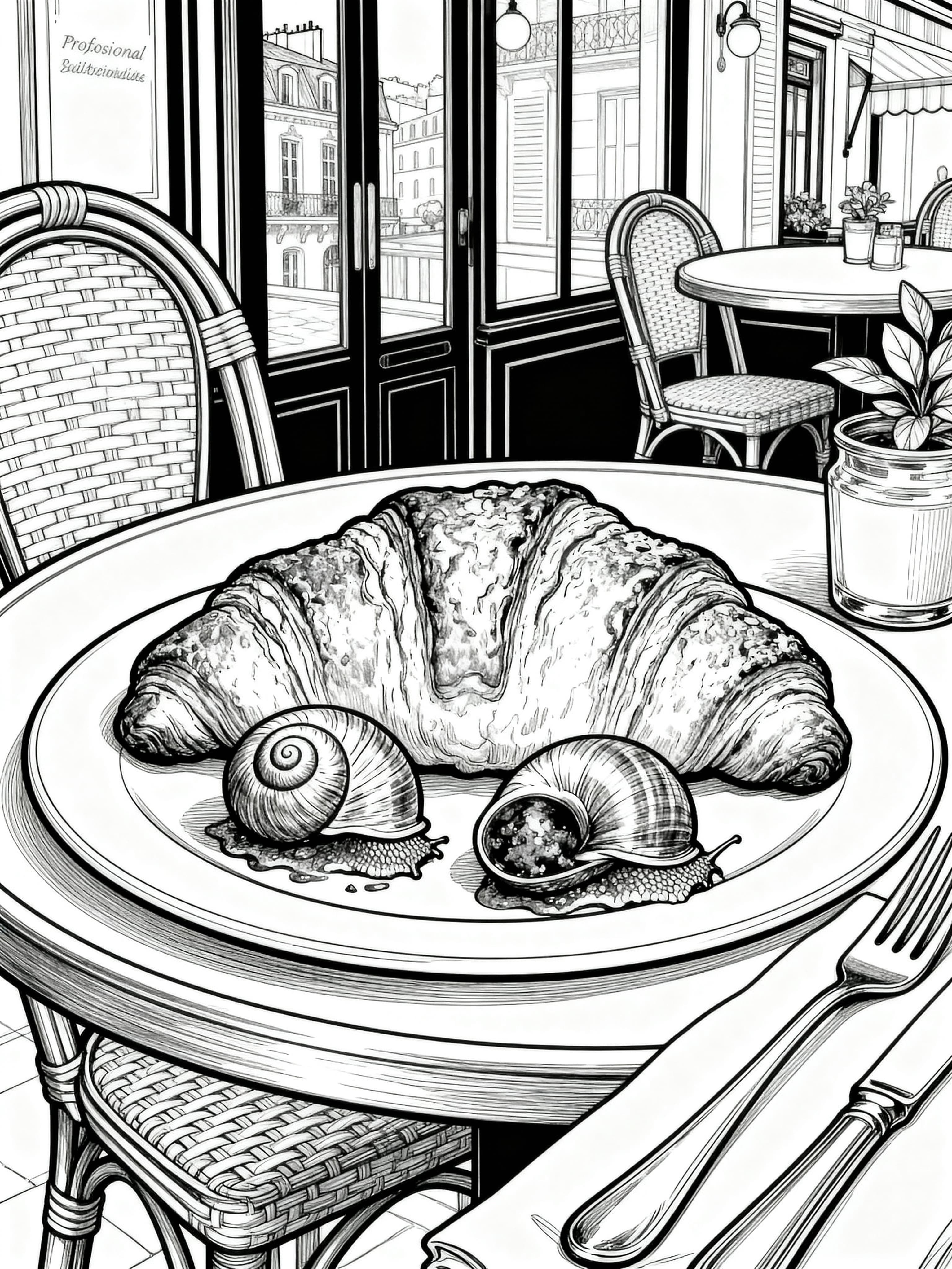 Realistic Delicious croissants and escargots on a charming bistro table setting Coloring Page