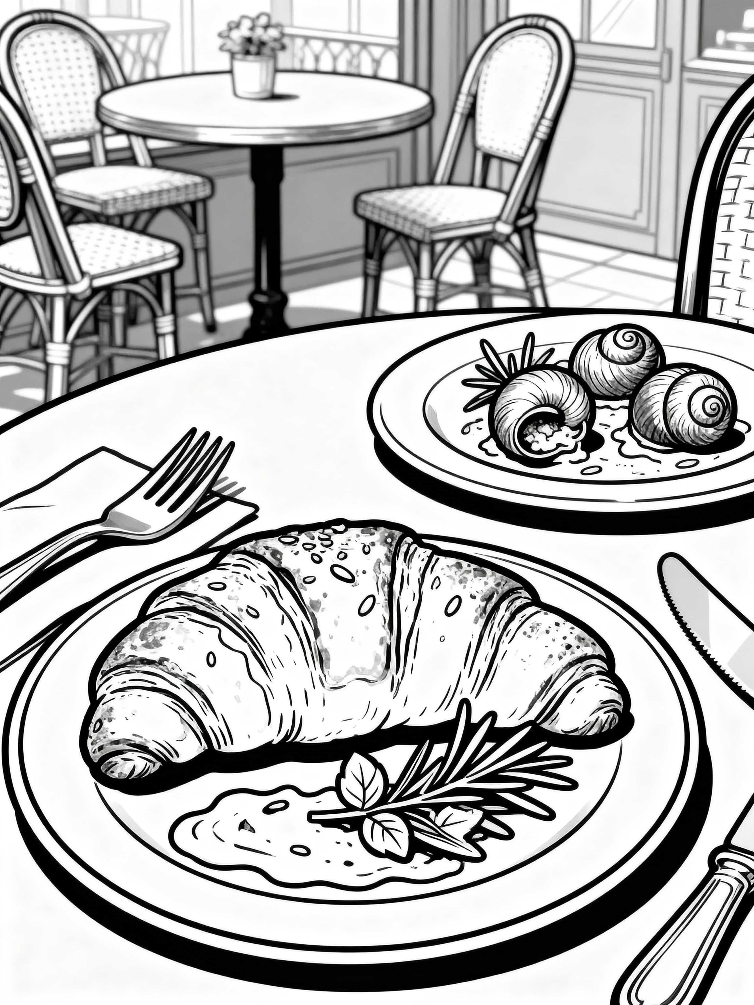 Simple (For Kids) Delicious croissants and escargots on a charming bistro table setting Coloring Page