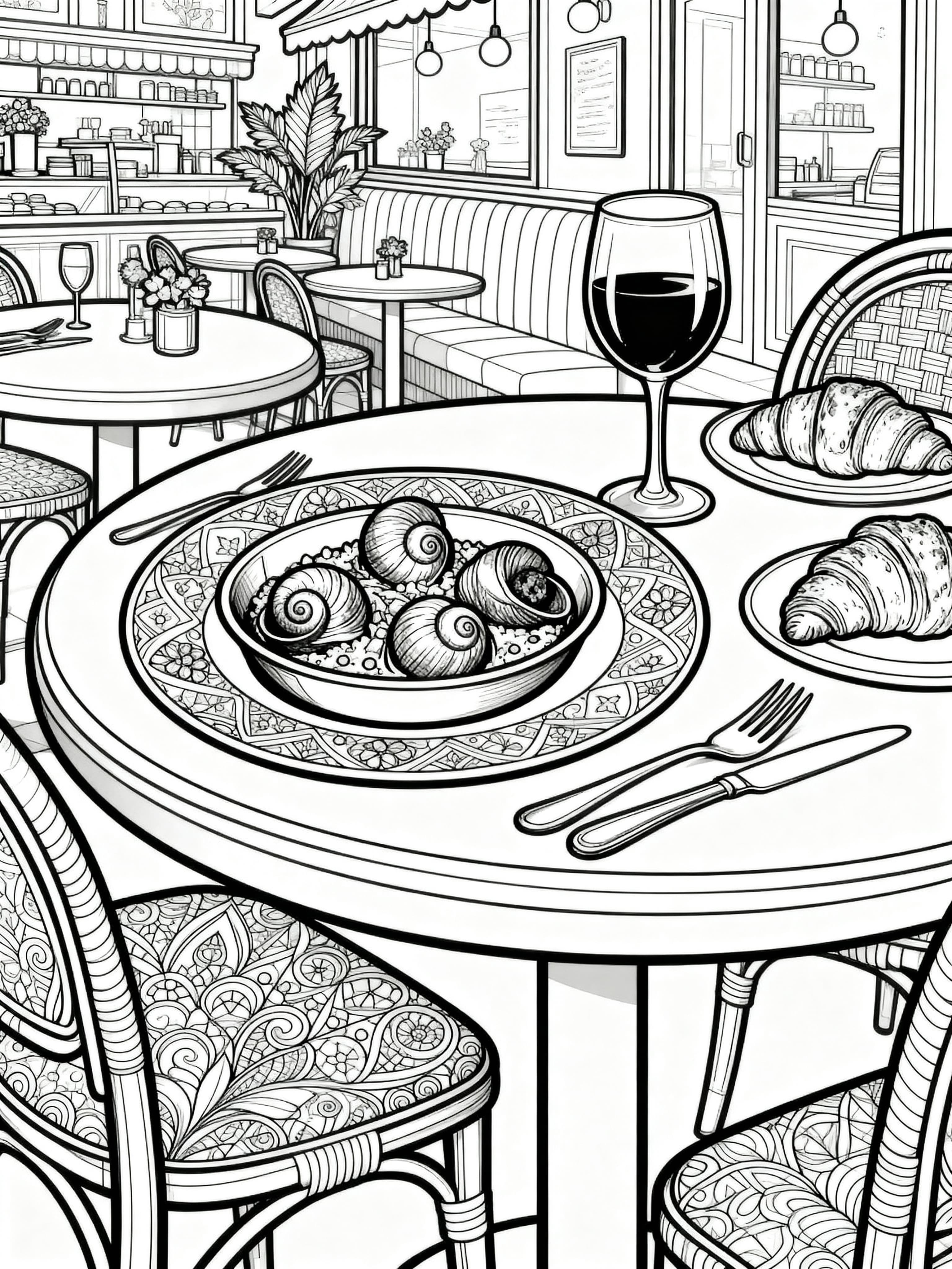 Detailed (For Adults) Elegant dinner table with escargot, wine, and croissants in a cozy bistro Coloring Page