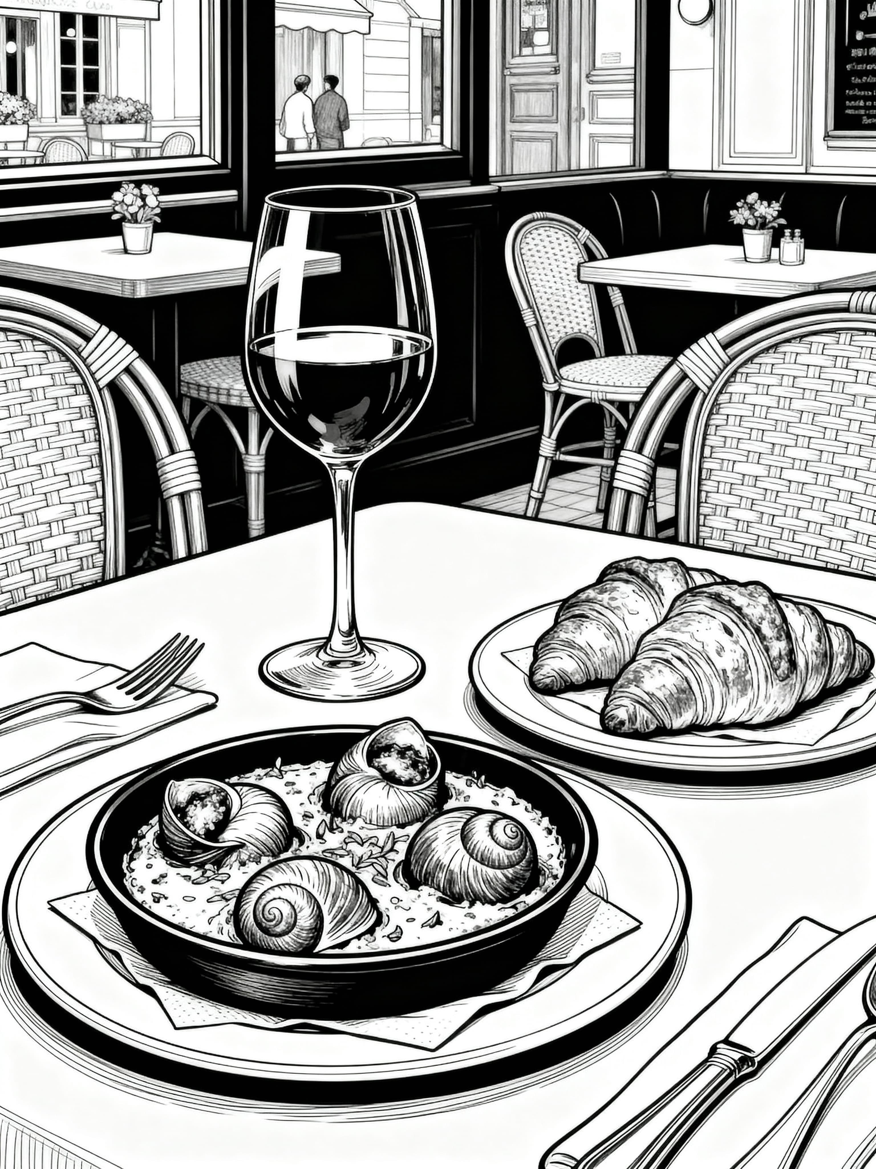 Realistic Elegant dinner table with escargot, wine, and croissants in a cozy bistro Coloring Page