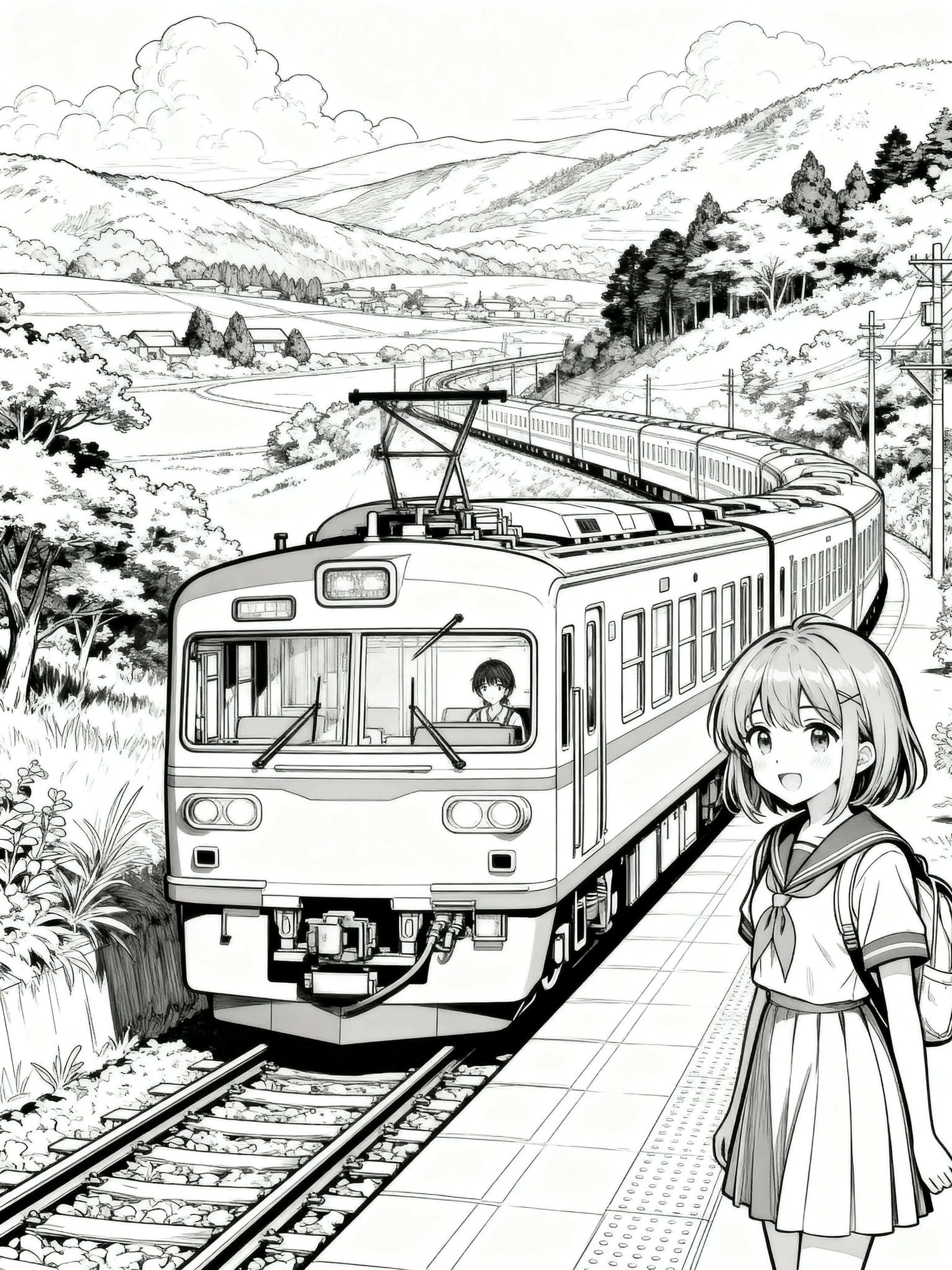 Coloring page featuring trains in a beautiful landscape with mountains and trees