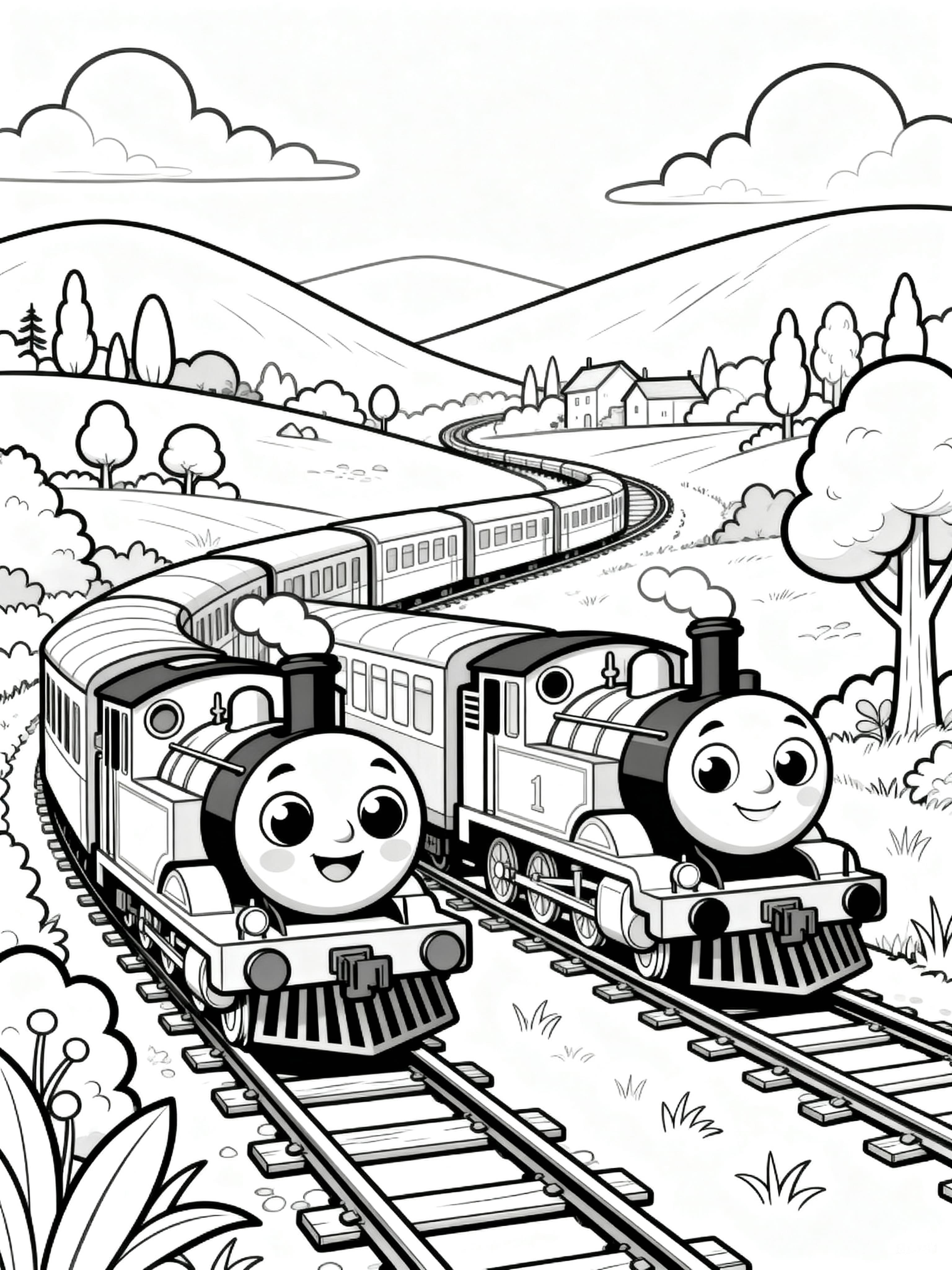 Coloring page featuring cute cartoon trains in a beautiful landscape with hills and flowers