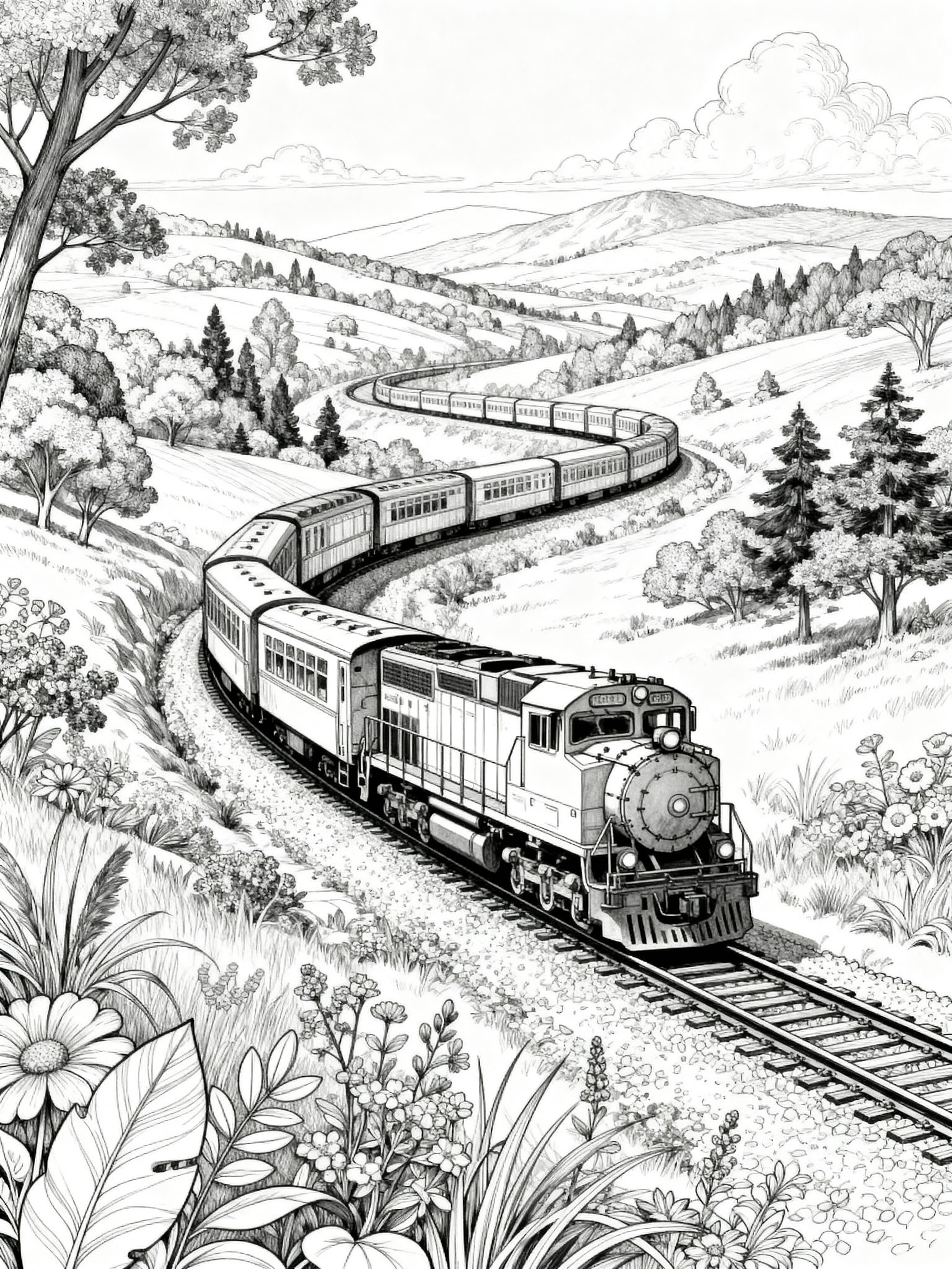Intricate coloring page featuring trains in a beautiful landscape, designed for adults to color