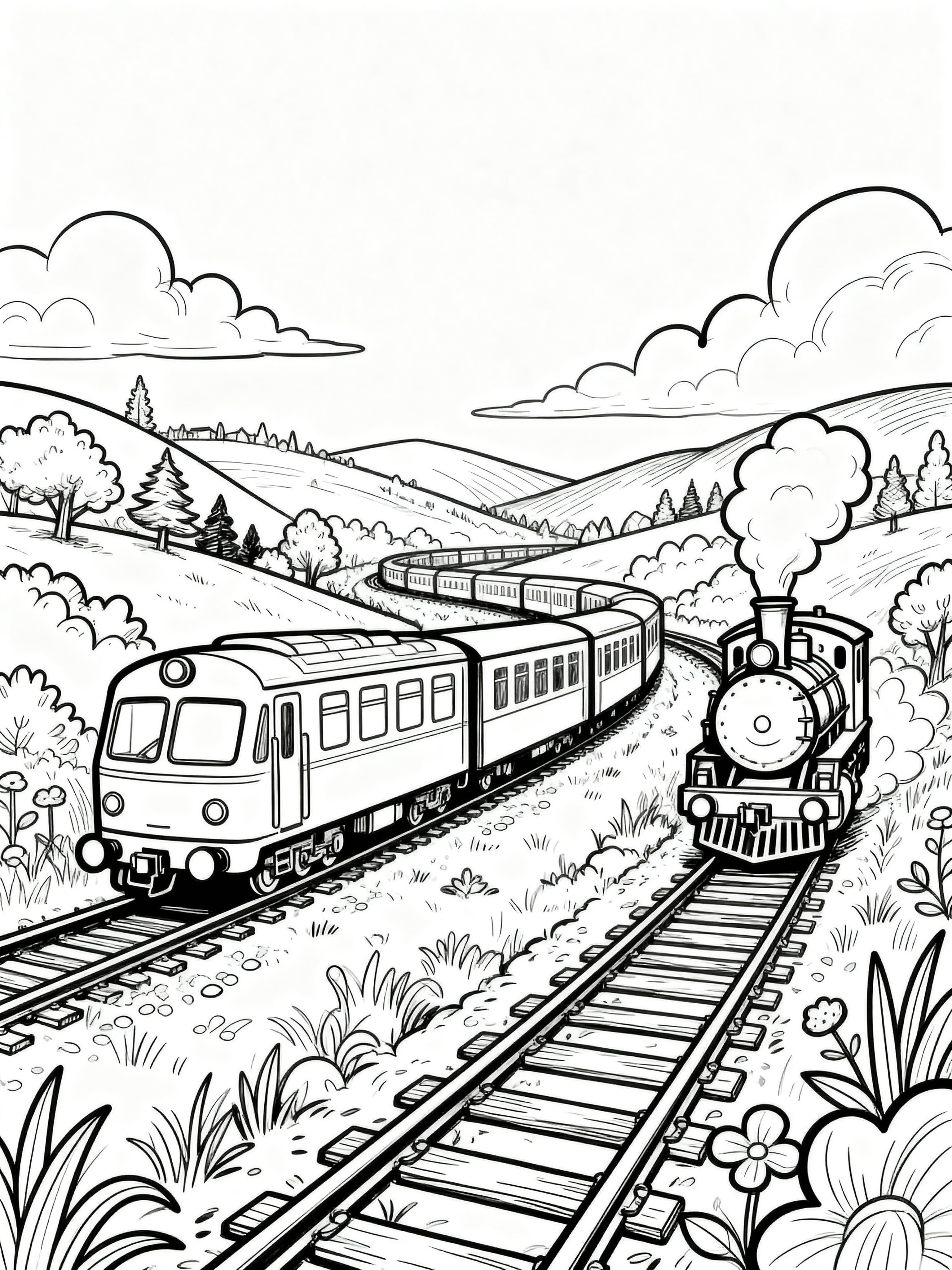 Printable coloring page featuring doodle trains in a beautiful landscape with mountains and trees