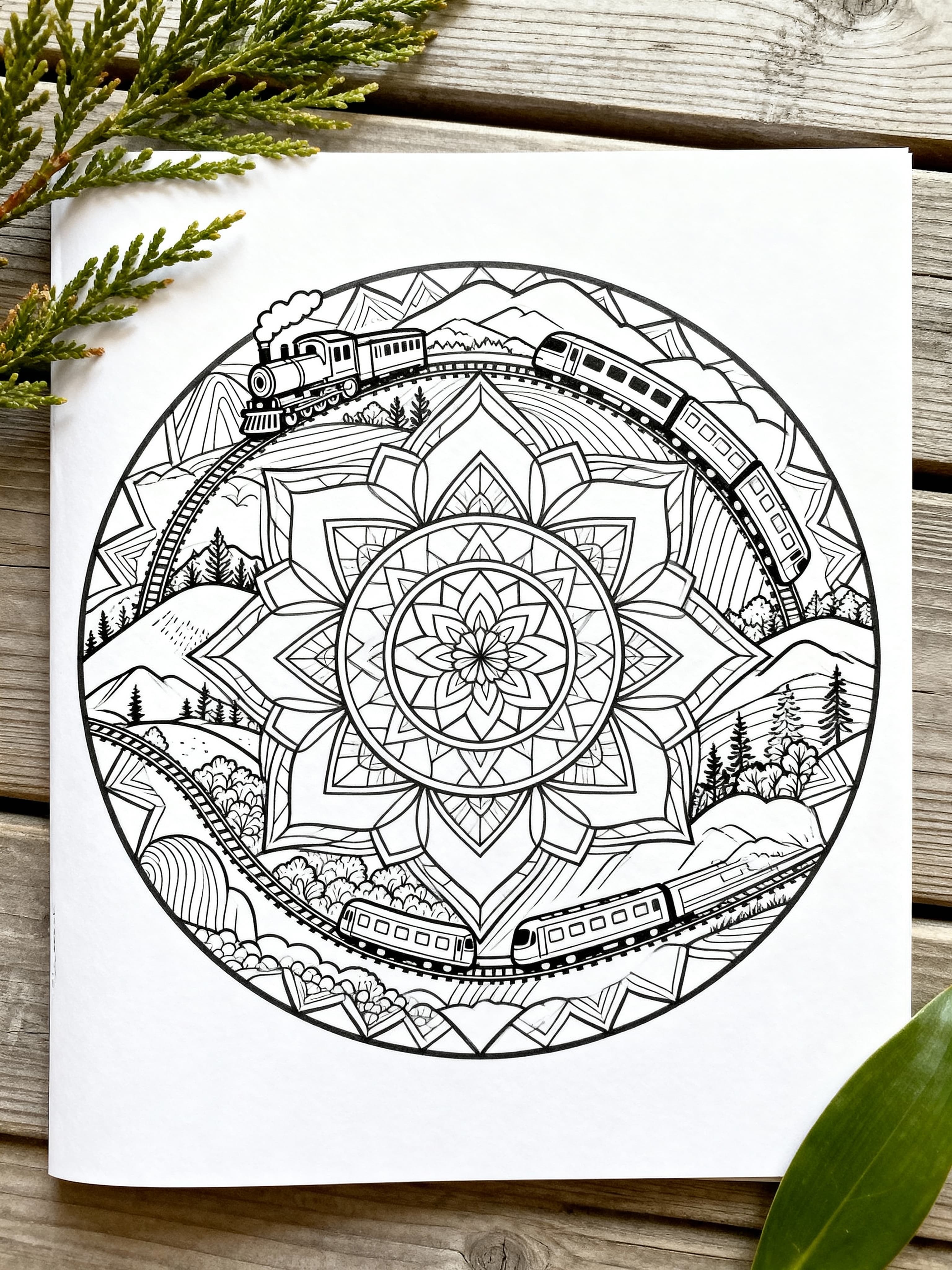 Printable coloring page featuring trains in a beautiful landscape with intricate mandala designs