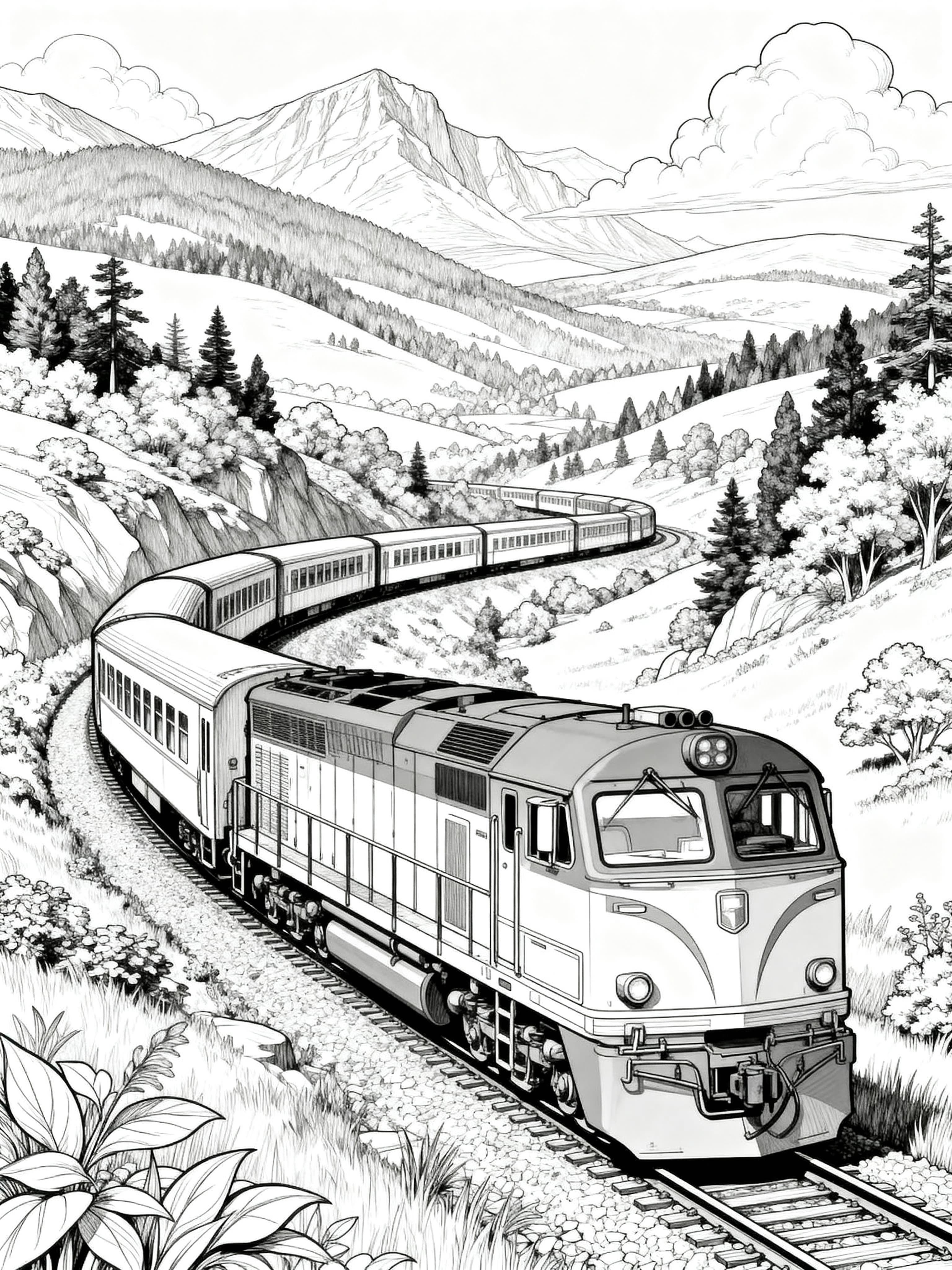 Realistic trains in beautiful landscape coloring page featuring a landscapes themed design