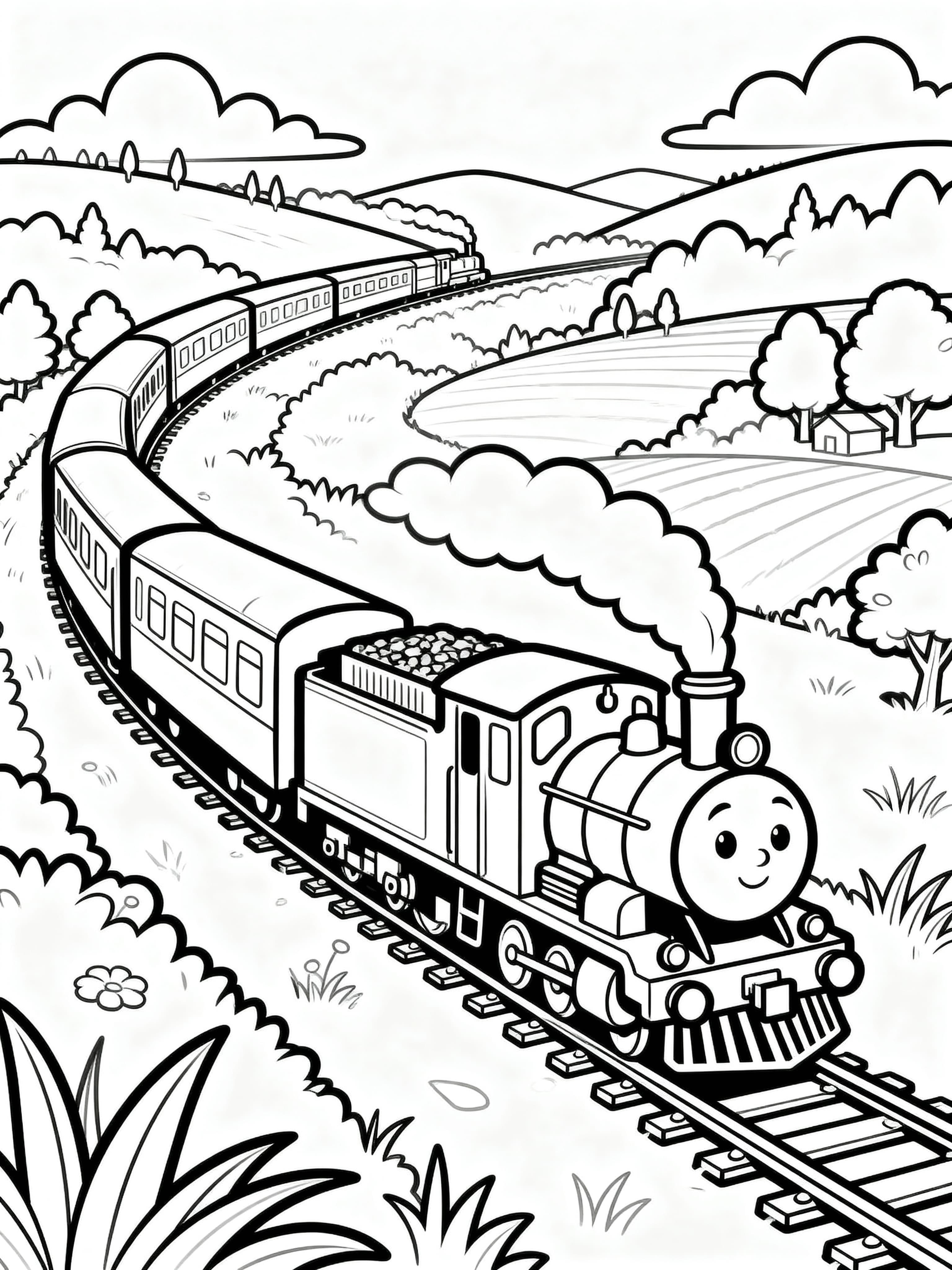 Free printable coloring page featuring trains in a beautiful landscape for young children
