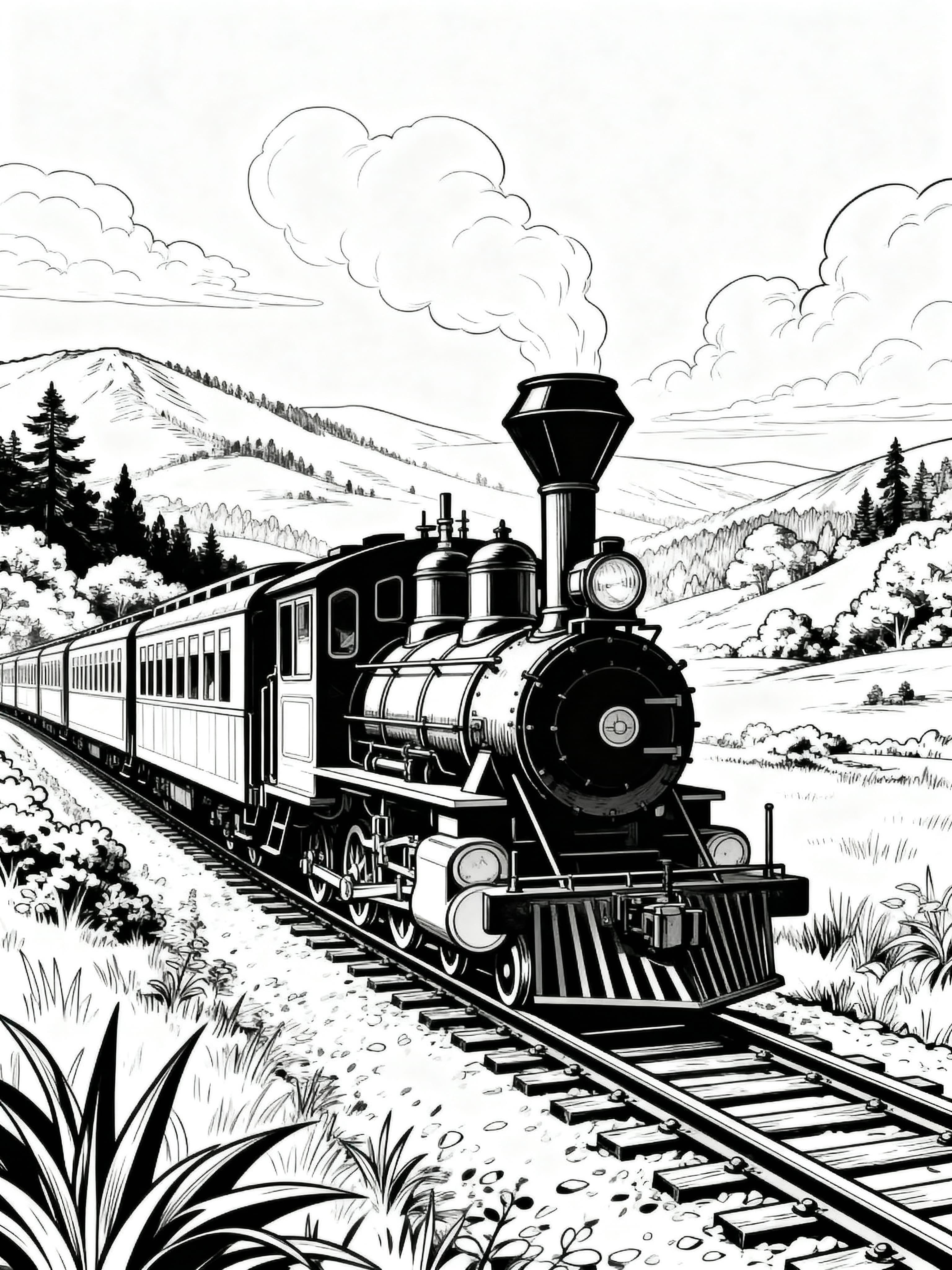 Free printable coloring page featuring vintage trains in a beautiful landscape setting