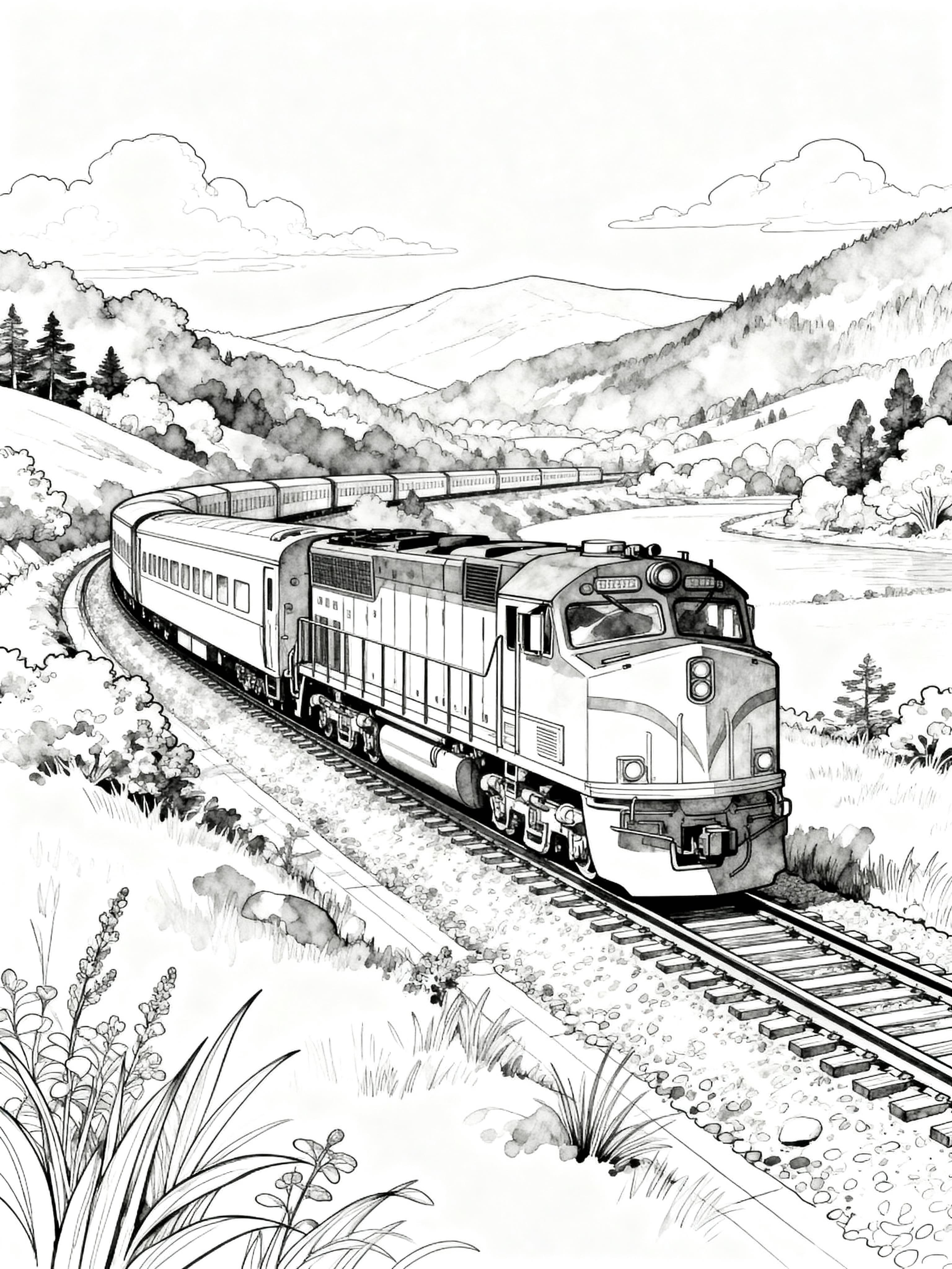 Watercolor Outline trains in beautiful landscape coloring page featuring a landscapes themed design