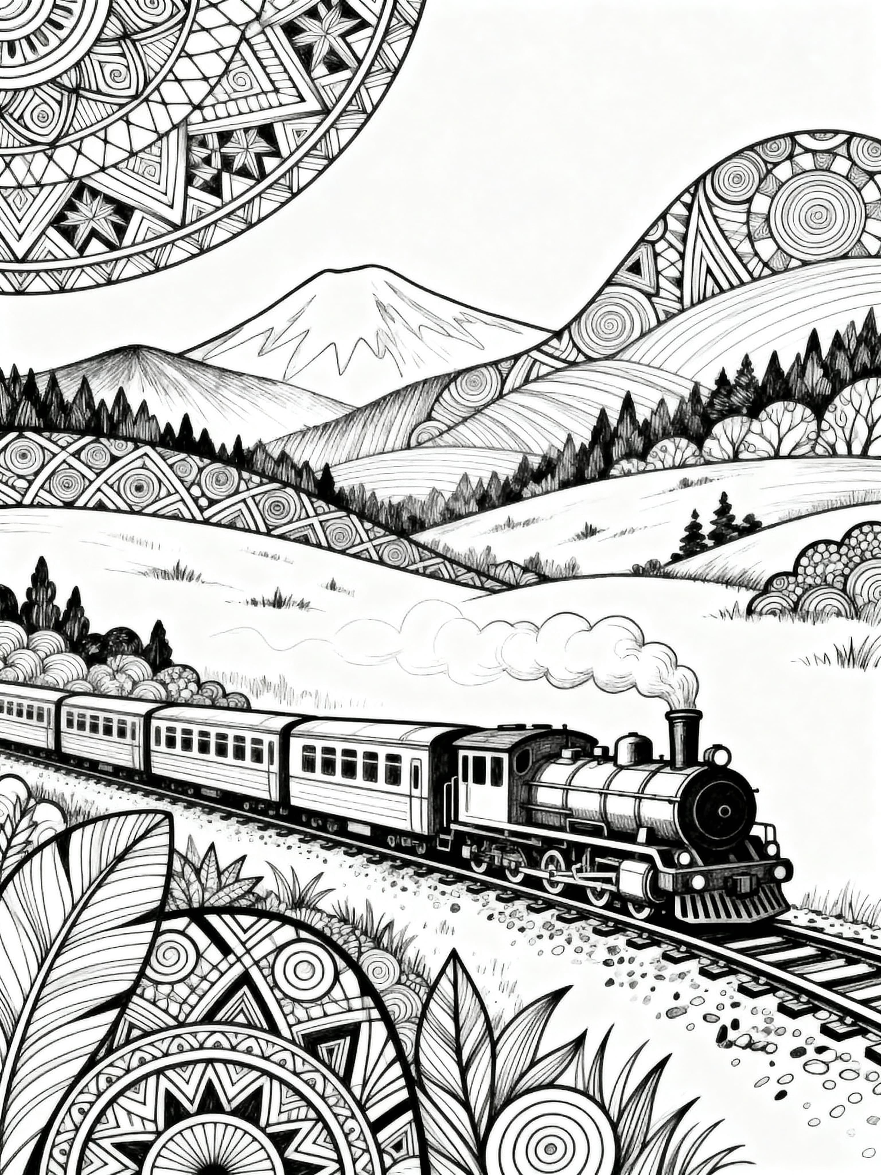 Printable coloring page featuring trains in a beautiful landscape scene, designed for relaxation and creativity.