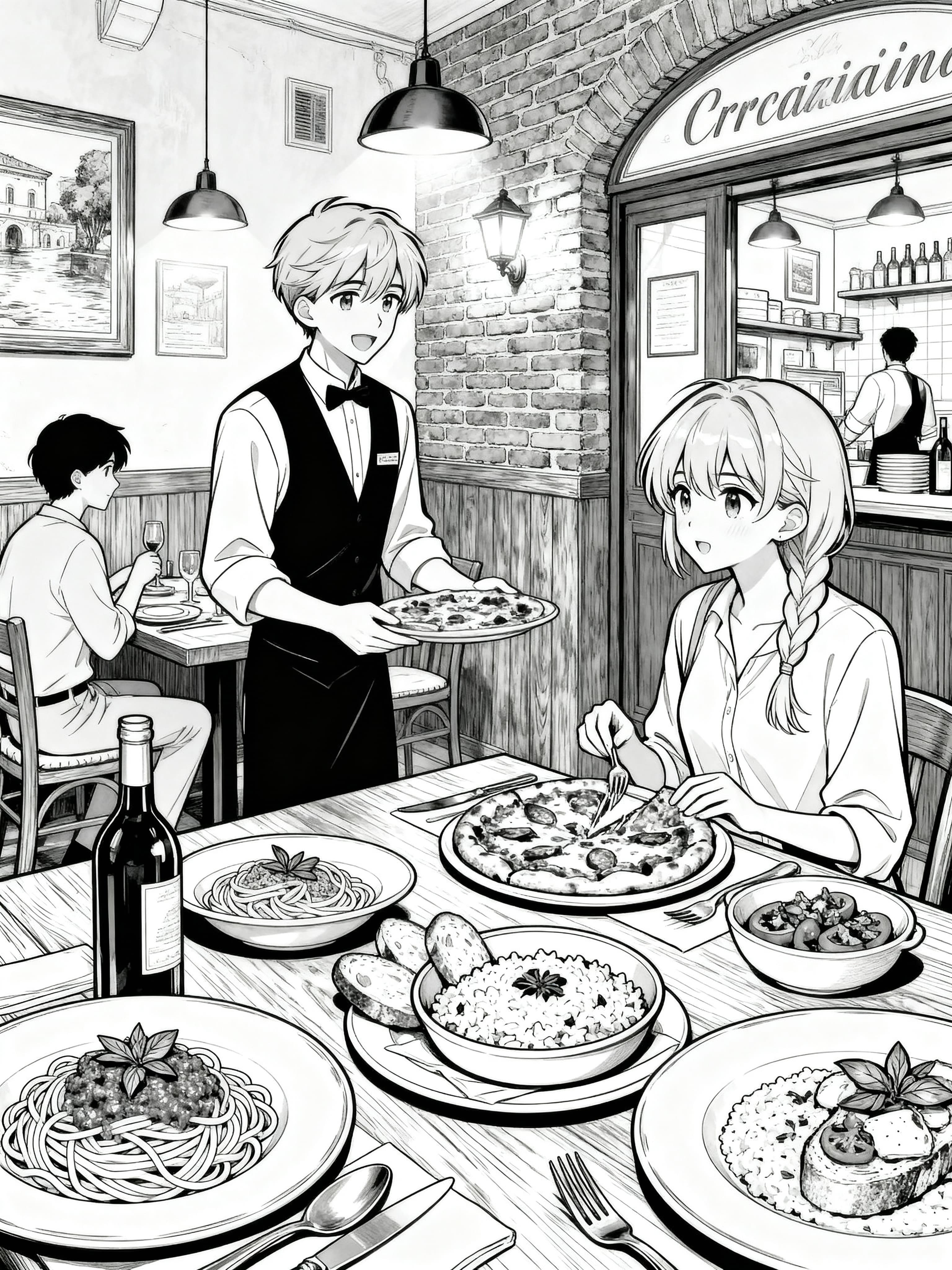 Anime Traditional Italian dishes served at a cozy corner trattoria in Rome Coloring Page