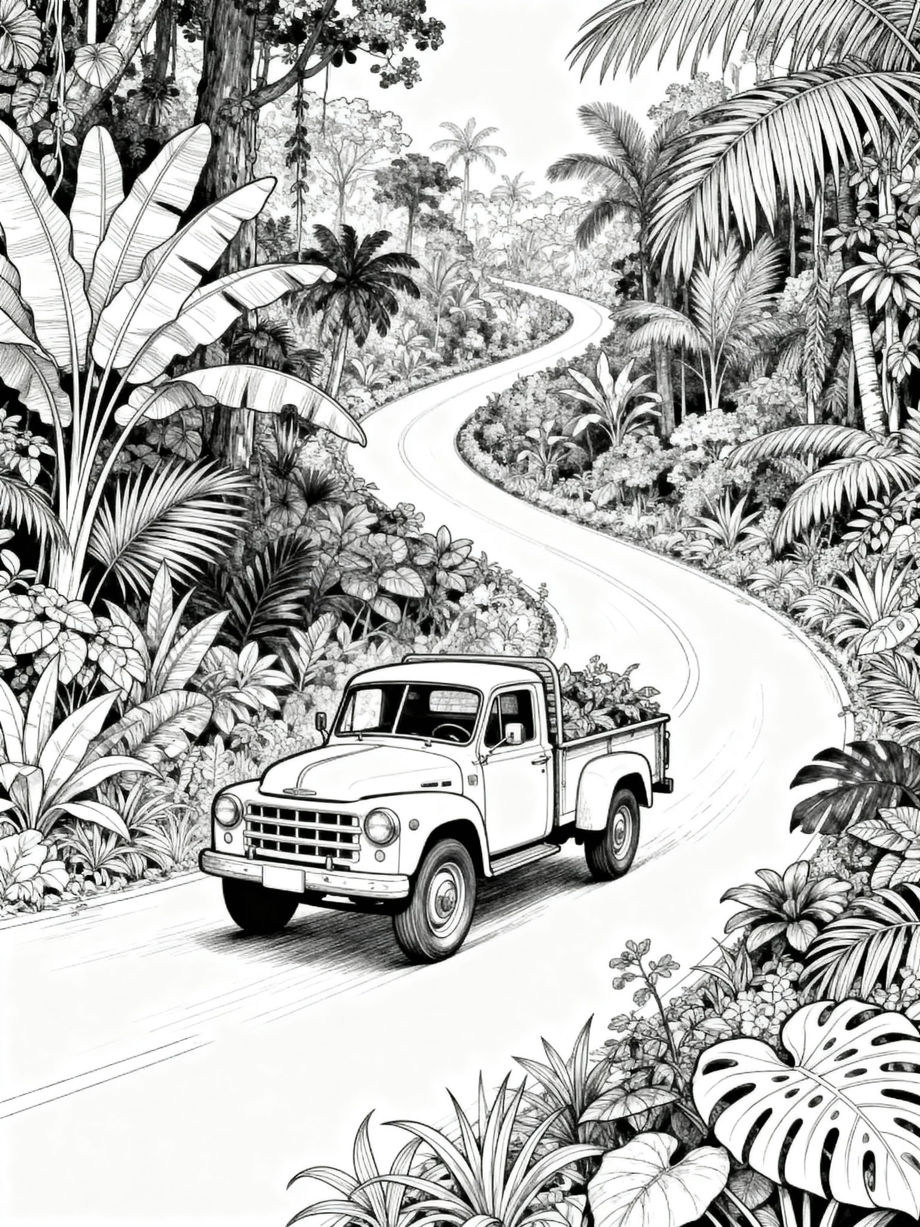 Detailed (For Adults) Vintage truck surrounded by lush greenery driving down a winding jungle road Coloring Page
