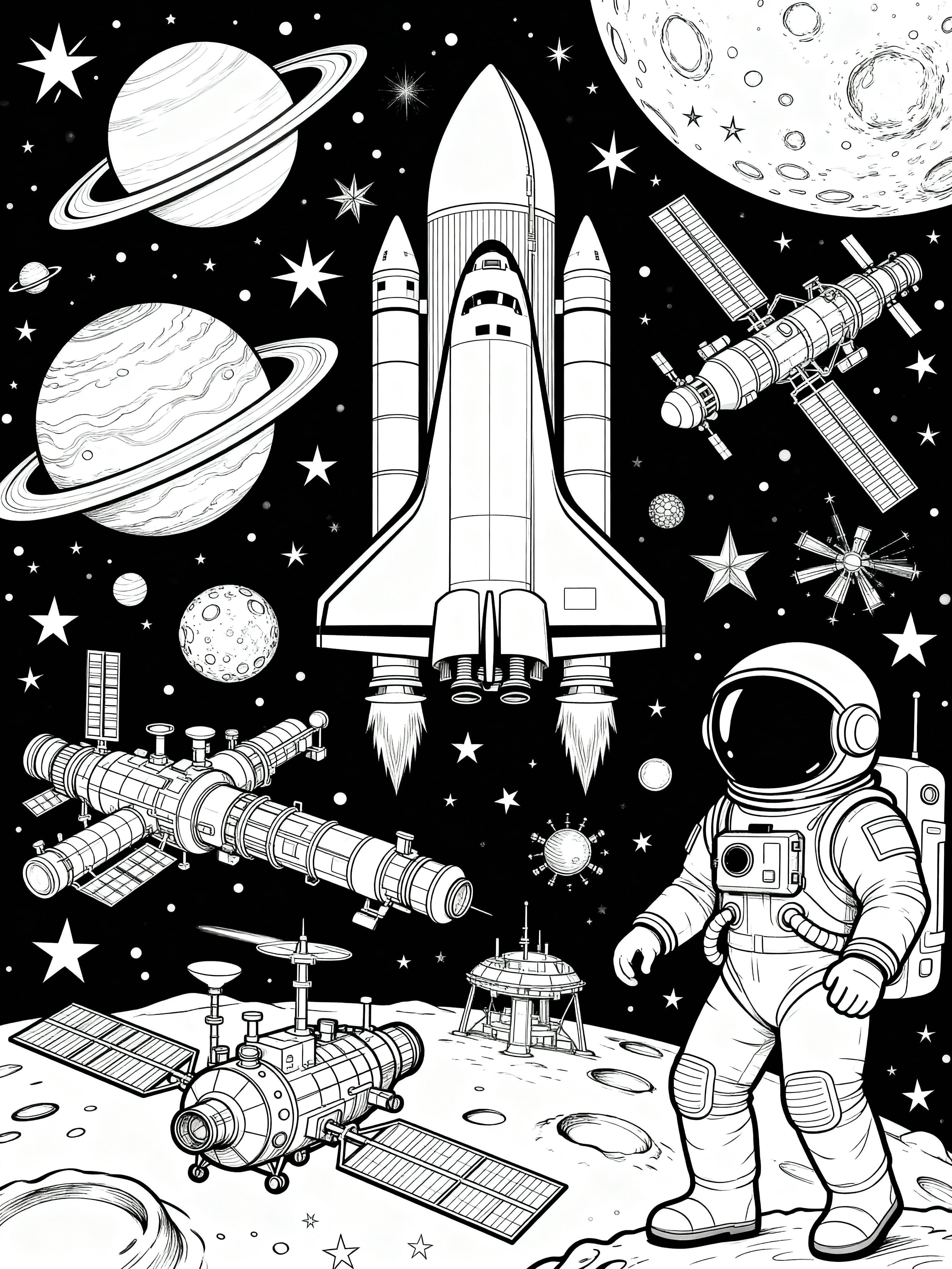 Detailed (For Adults) Space exploration coloring page featuring a space themed design
