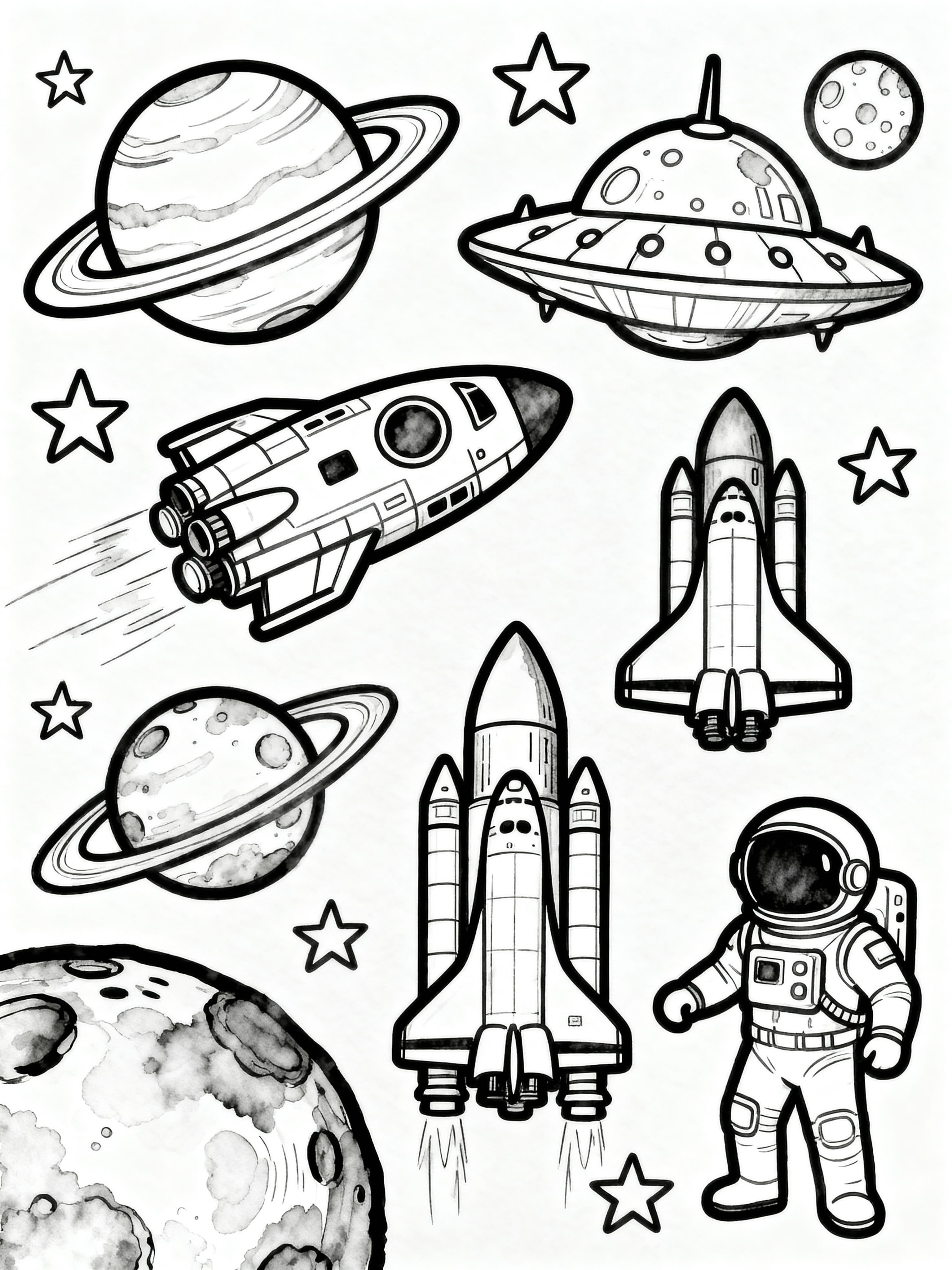 Watercolor Outline Space exploration coloring page featuring a space themed design