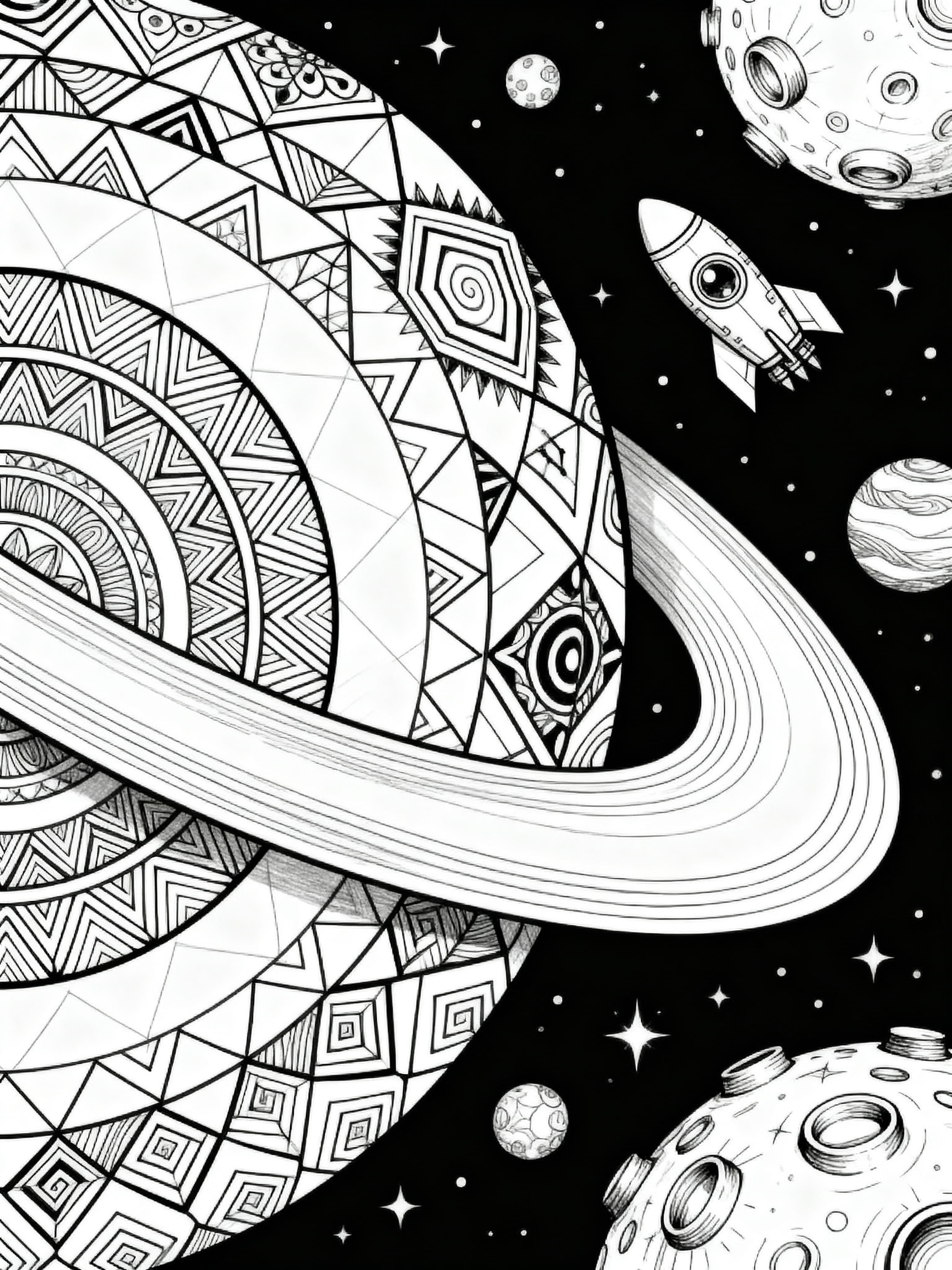 Free printable Space exploration coloring page featuring intricate designs of stars, planets, and galaxies for relaxation and creativity.