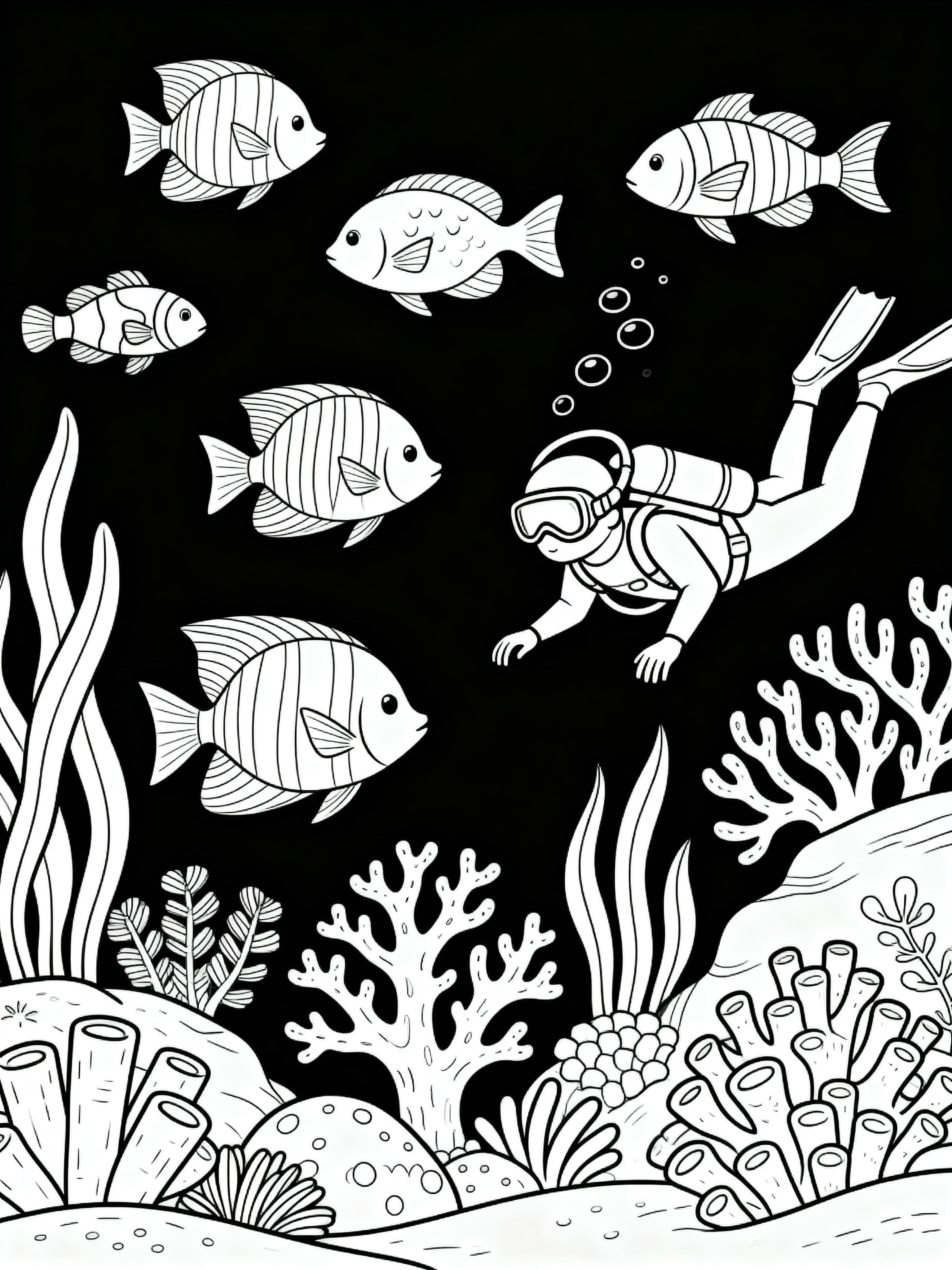 Coloring page featuring an underwater adventure with marine life and ocean scenery