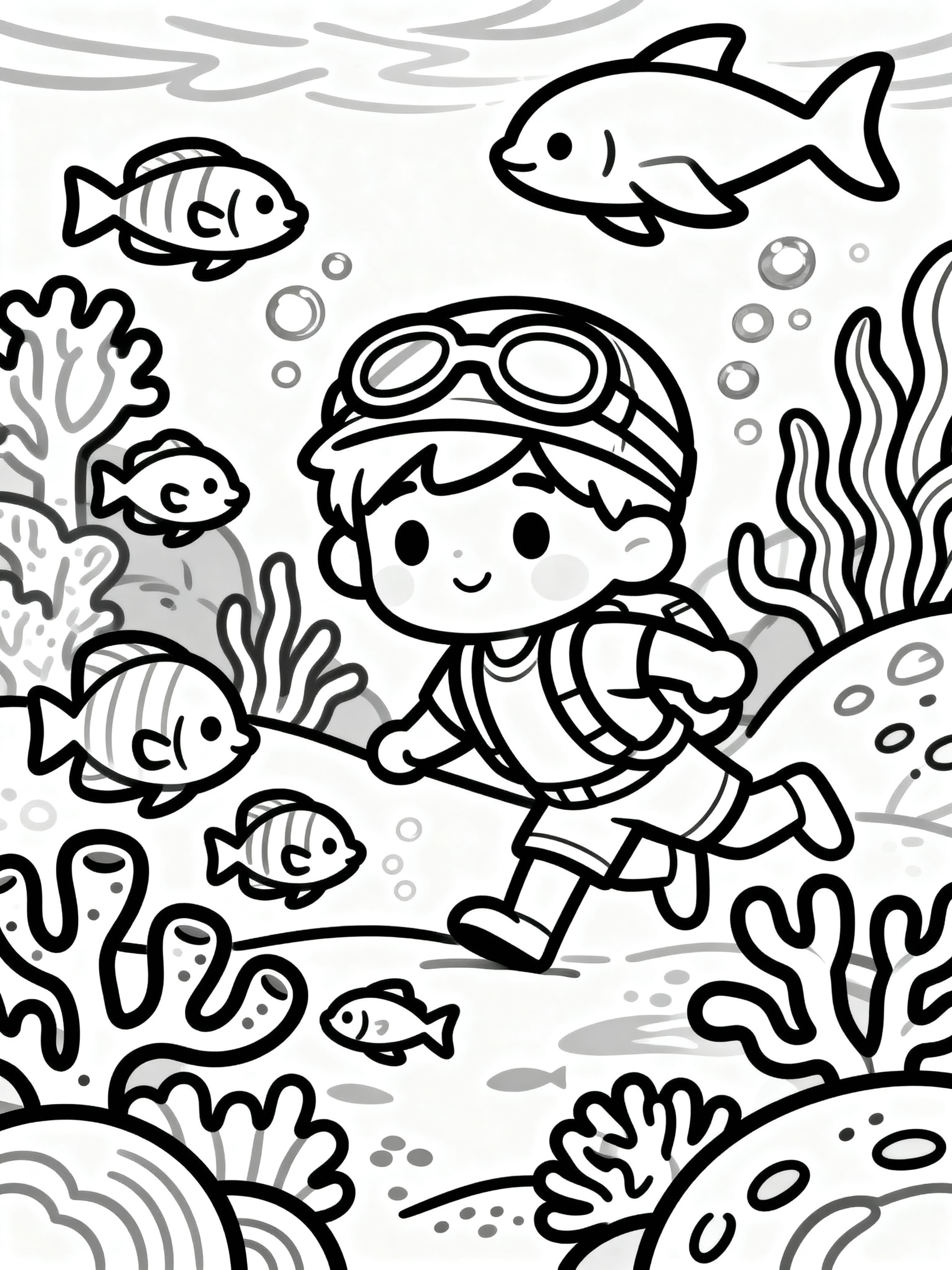 Simple (For Kids) A underwater adventure coloring page featuring a travel themed design