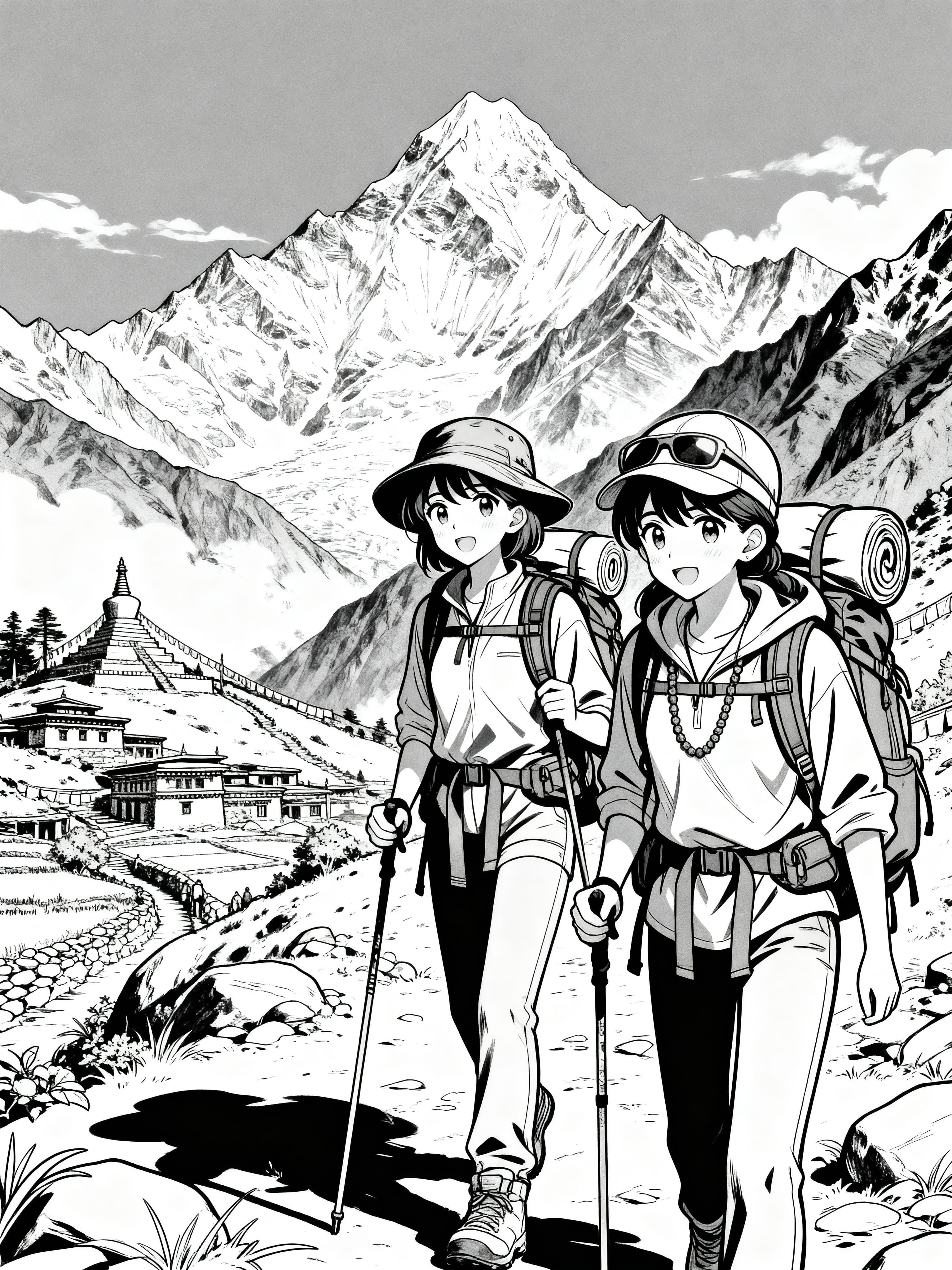 Anime-style trekking in Nepal coloring page featuring beautiful mountains and landscapes for fans to color