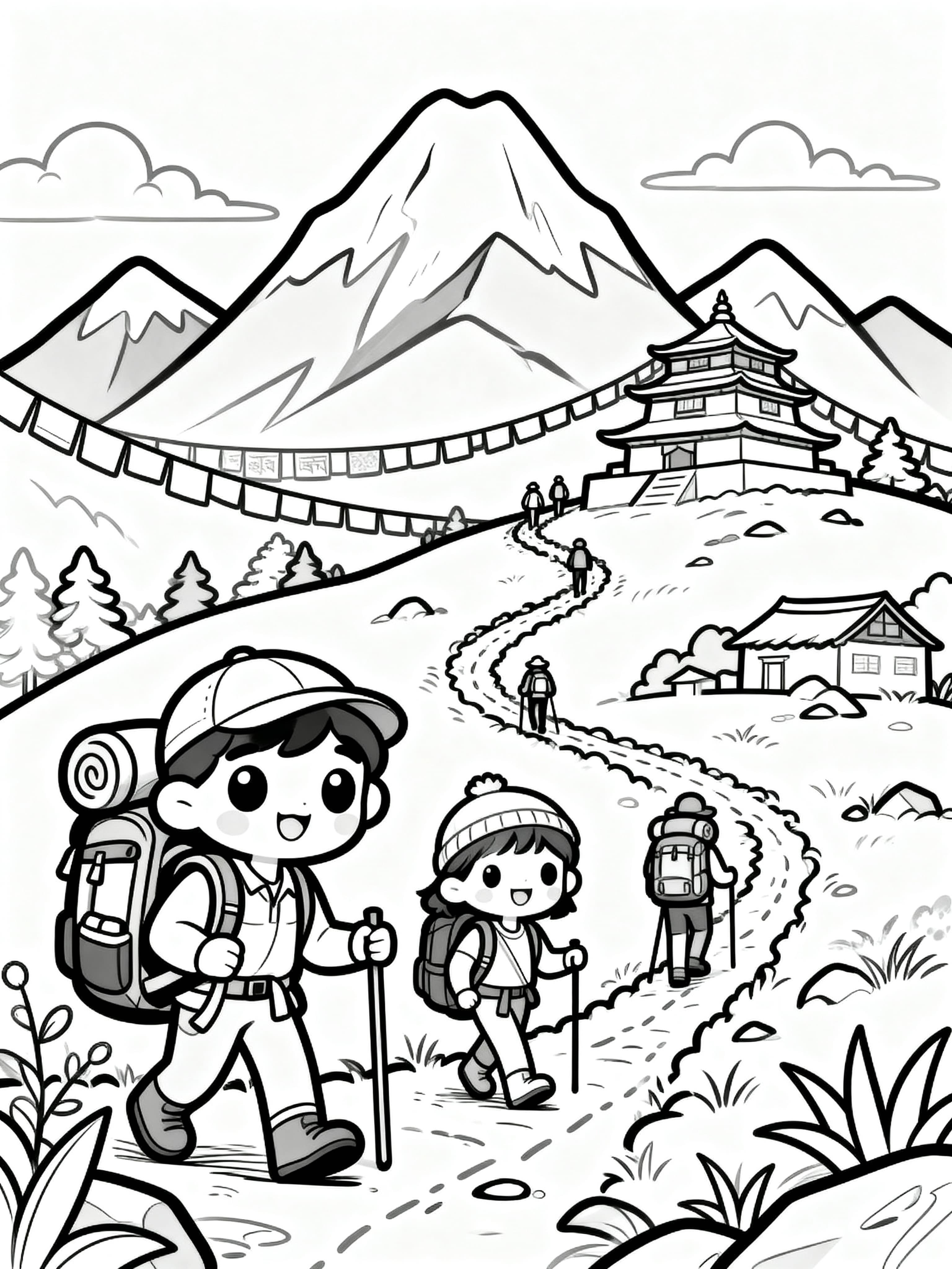 Cute Cartoon trekking in nepal coloring page featuring a travel themed design