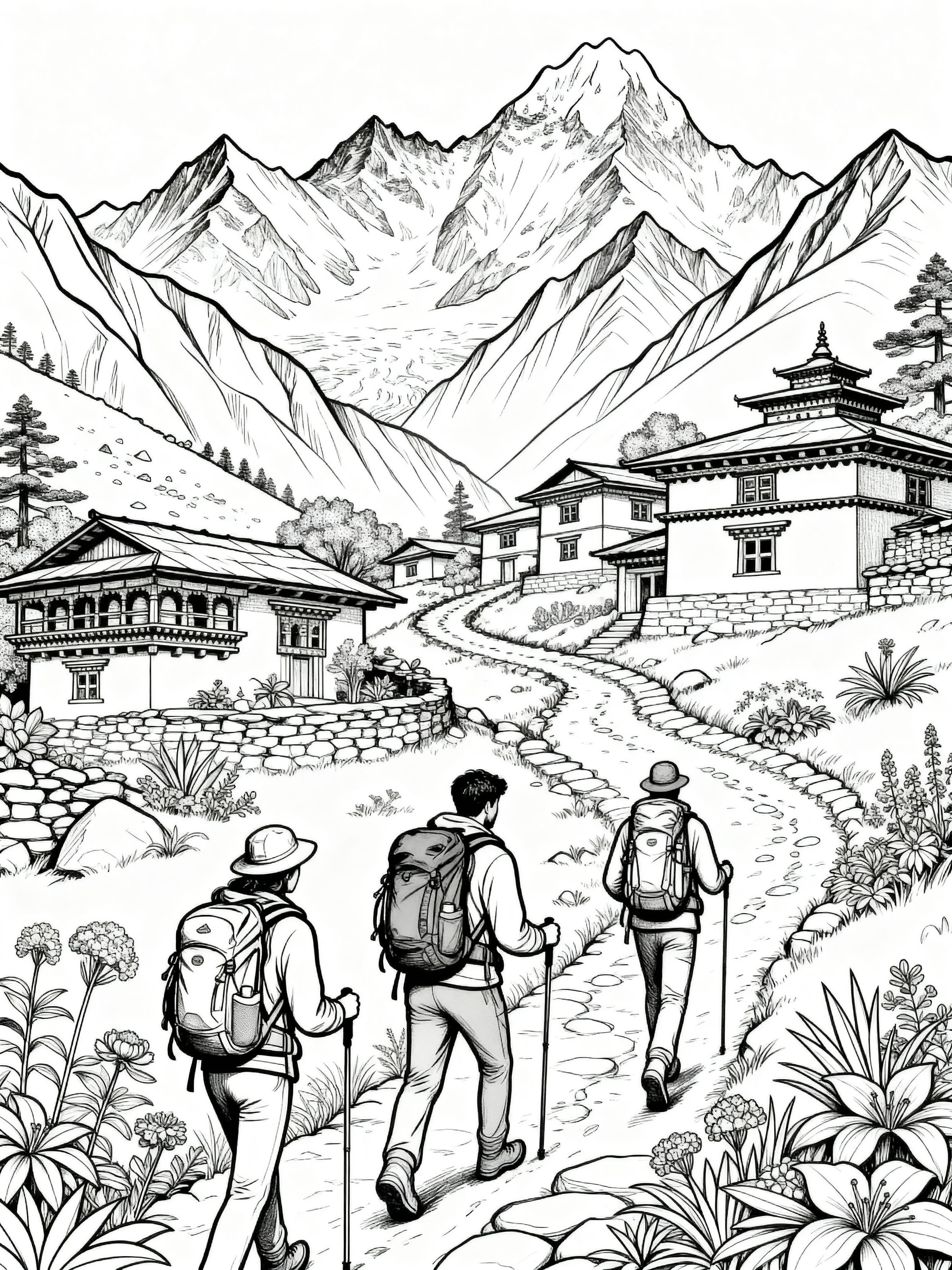 Detailed trekking in Nepal coloring page featuring stunning landscapes and cultural elements for adults to color