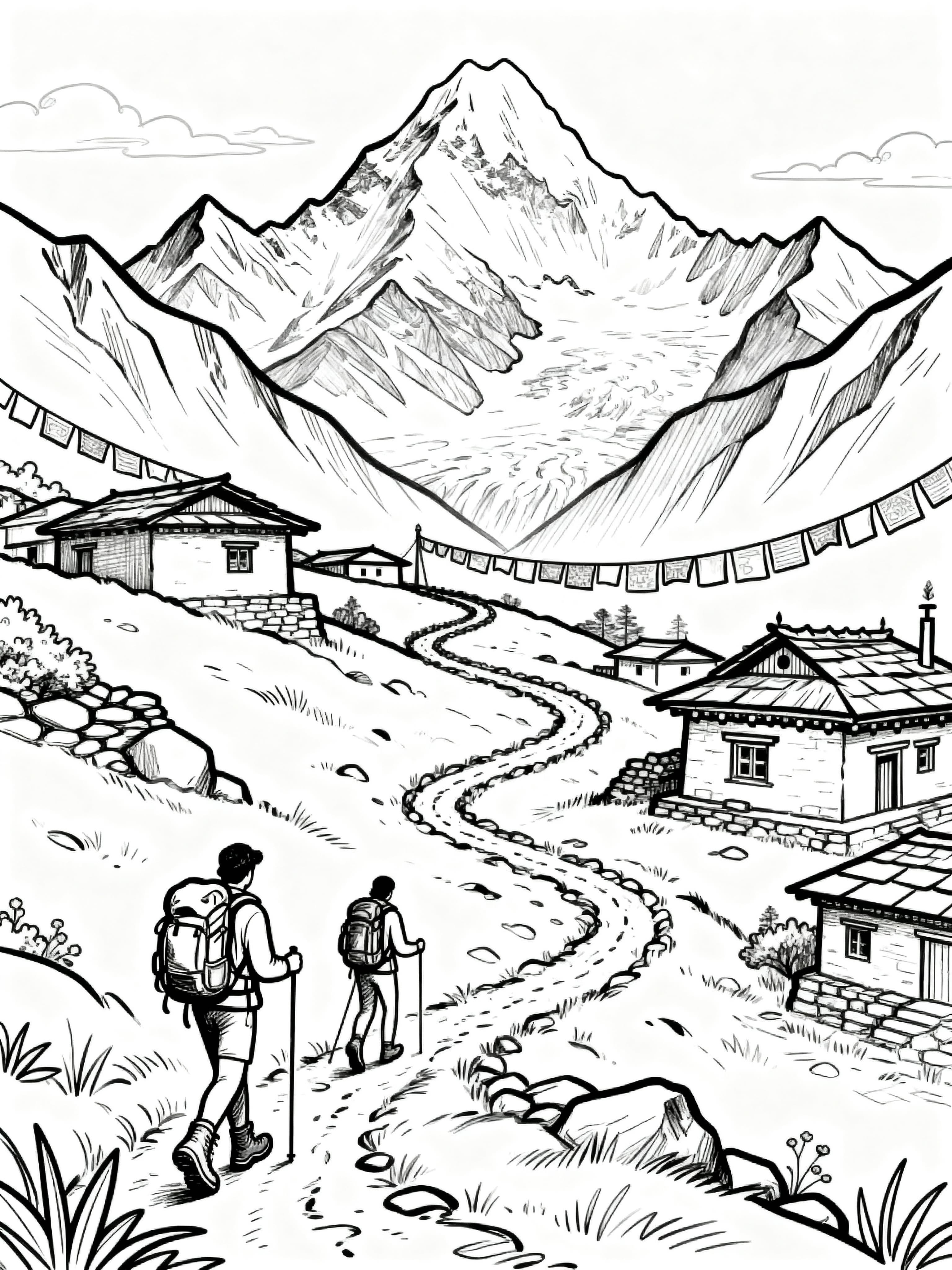 A fun doodle coloring page featuring trekking in Nepal, showcasing mountains, trails, and cultural elements.