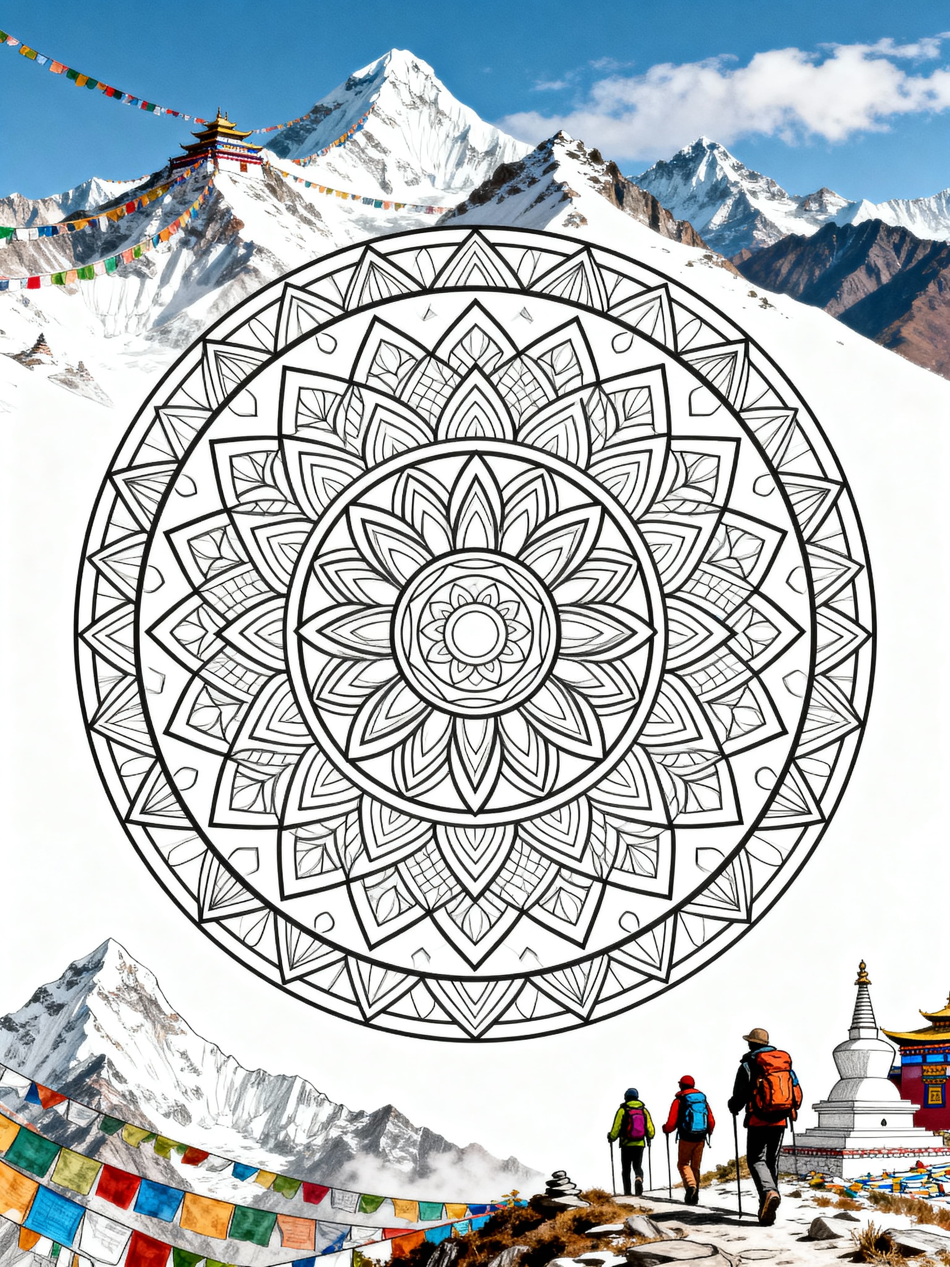 Printable trekking in Nepal coloring page featuring intricate mandala designs inspired by Nepal's landscapes