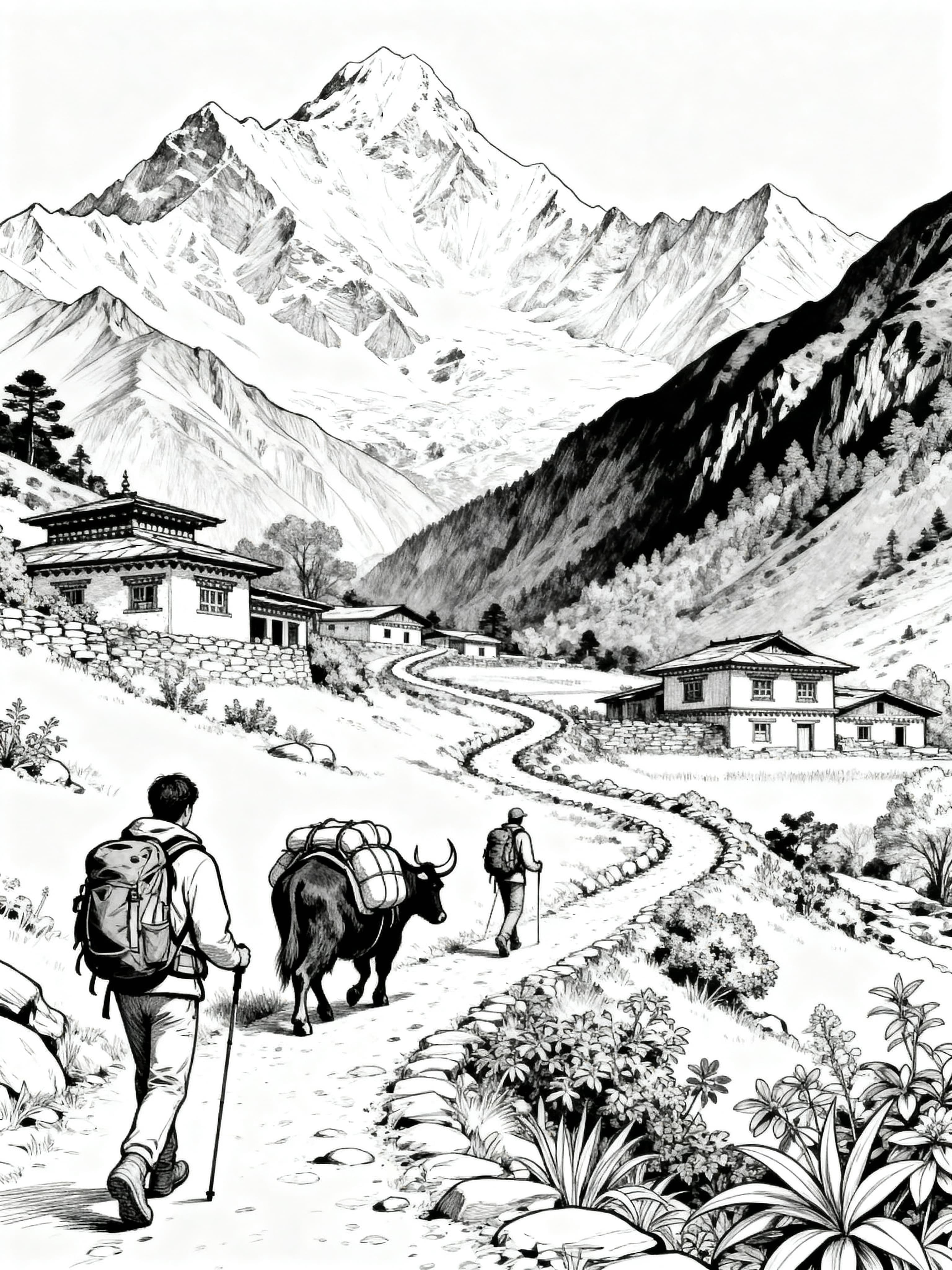 Free printable trekking in nepal coloring page featuring detailed landscapes and cultural elements