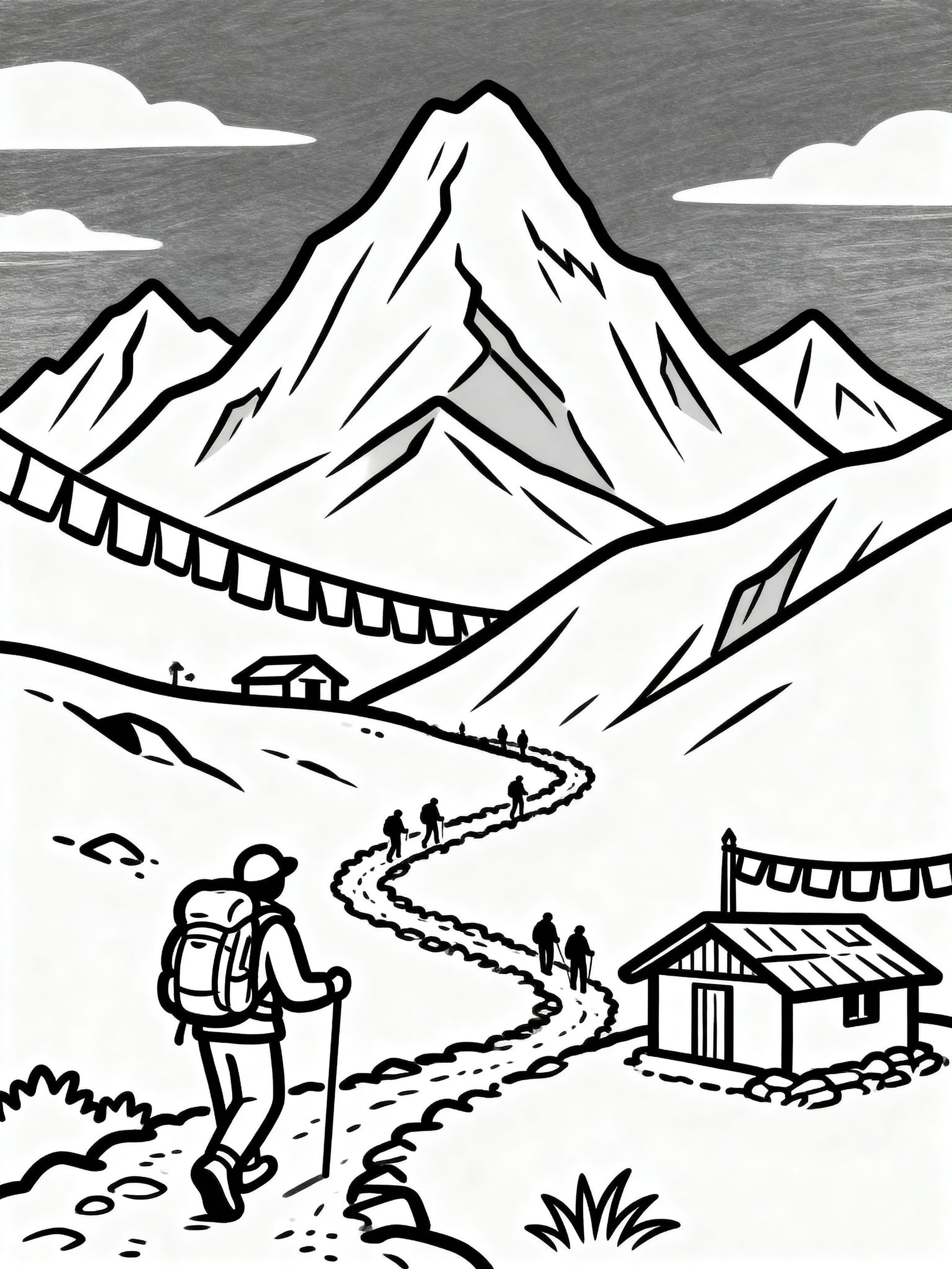 Free printable trekking in Nepal coloring page for young children aged 2-6