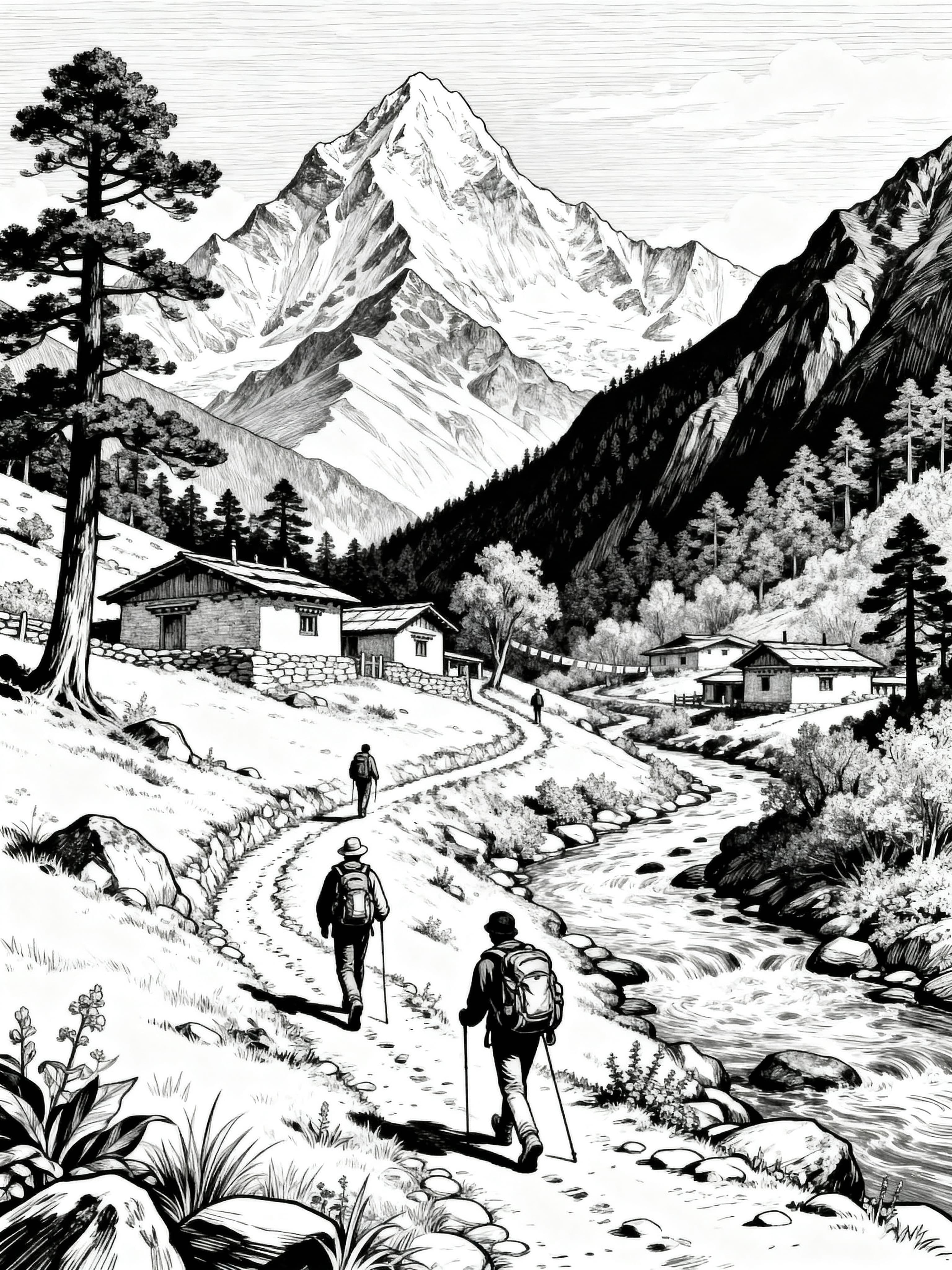 Vintage trekking in Nepal coloring page featuring scenic landscapes and cultural elements to color