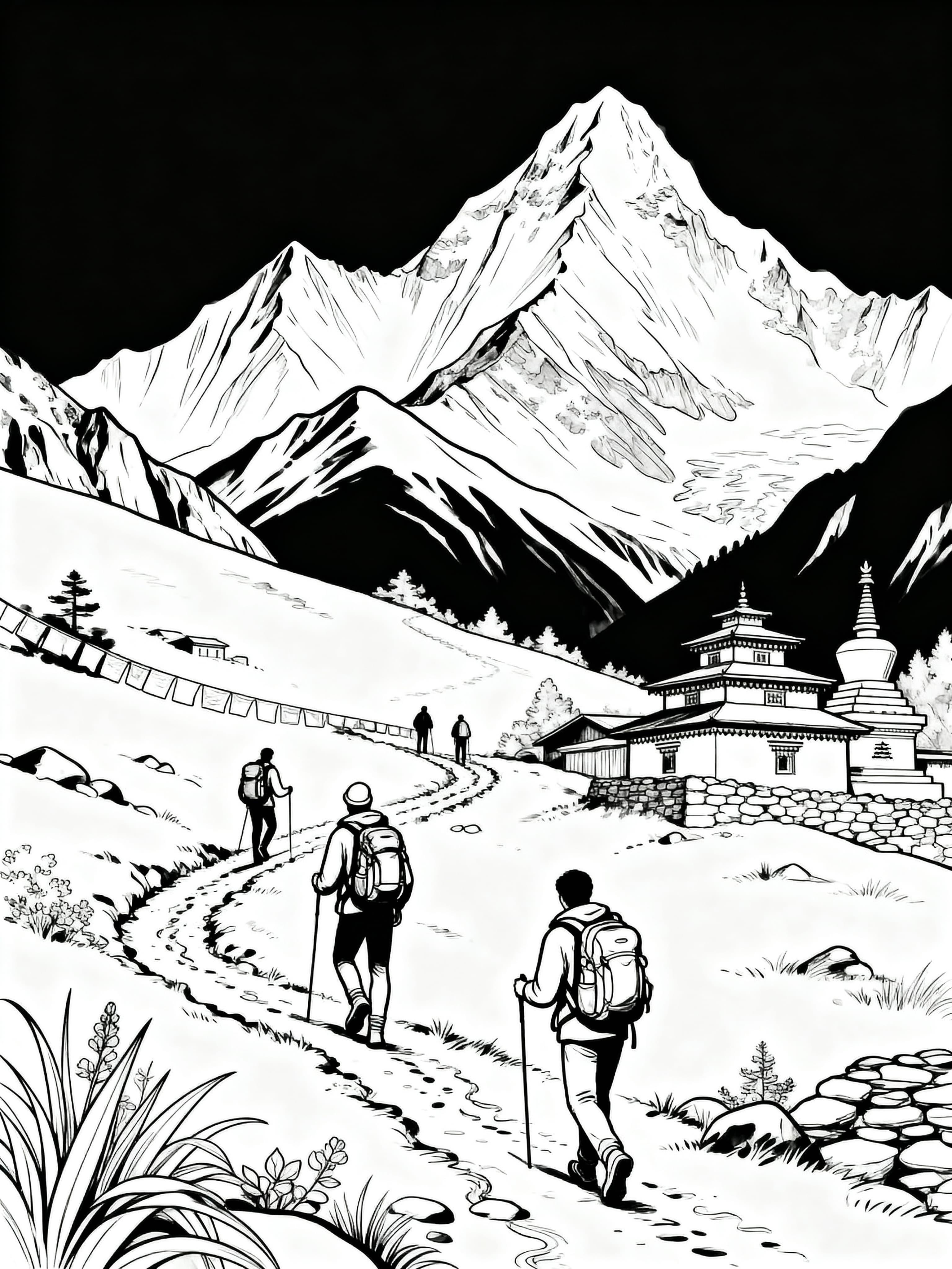 Watercolor Outline trekking in nepal coloring page featuring a travel themed design