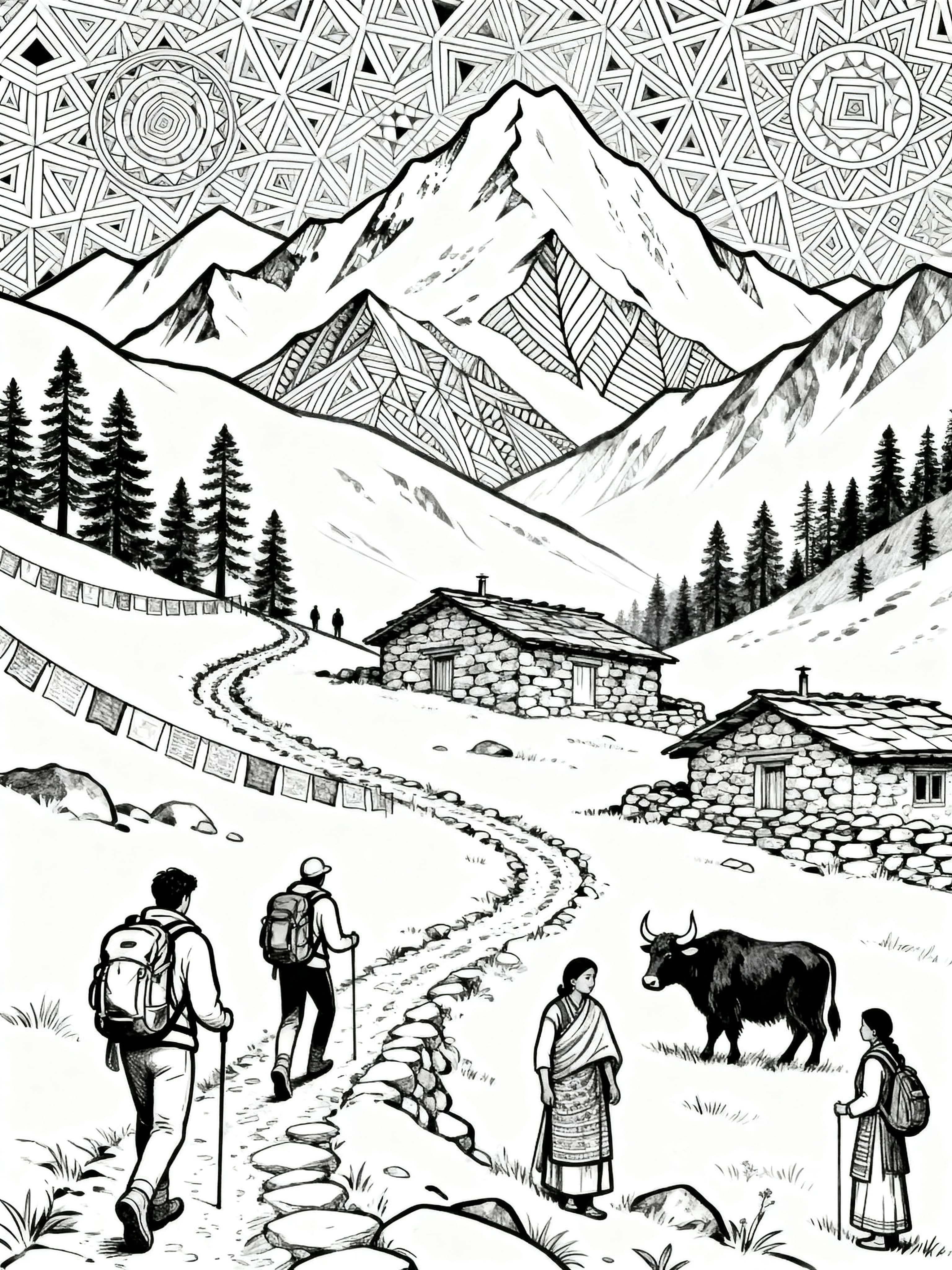 Free printable trekking in Nepal coloring page featuring scenic landscapes and cultural elements
