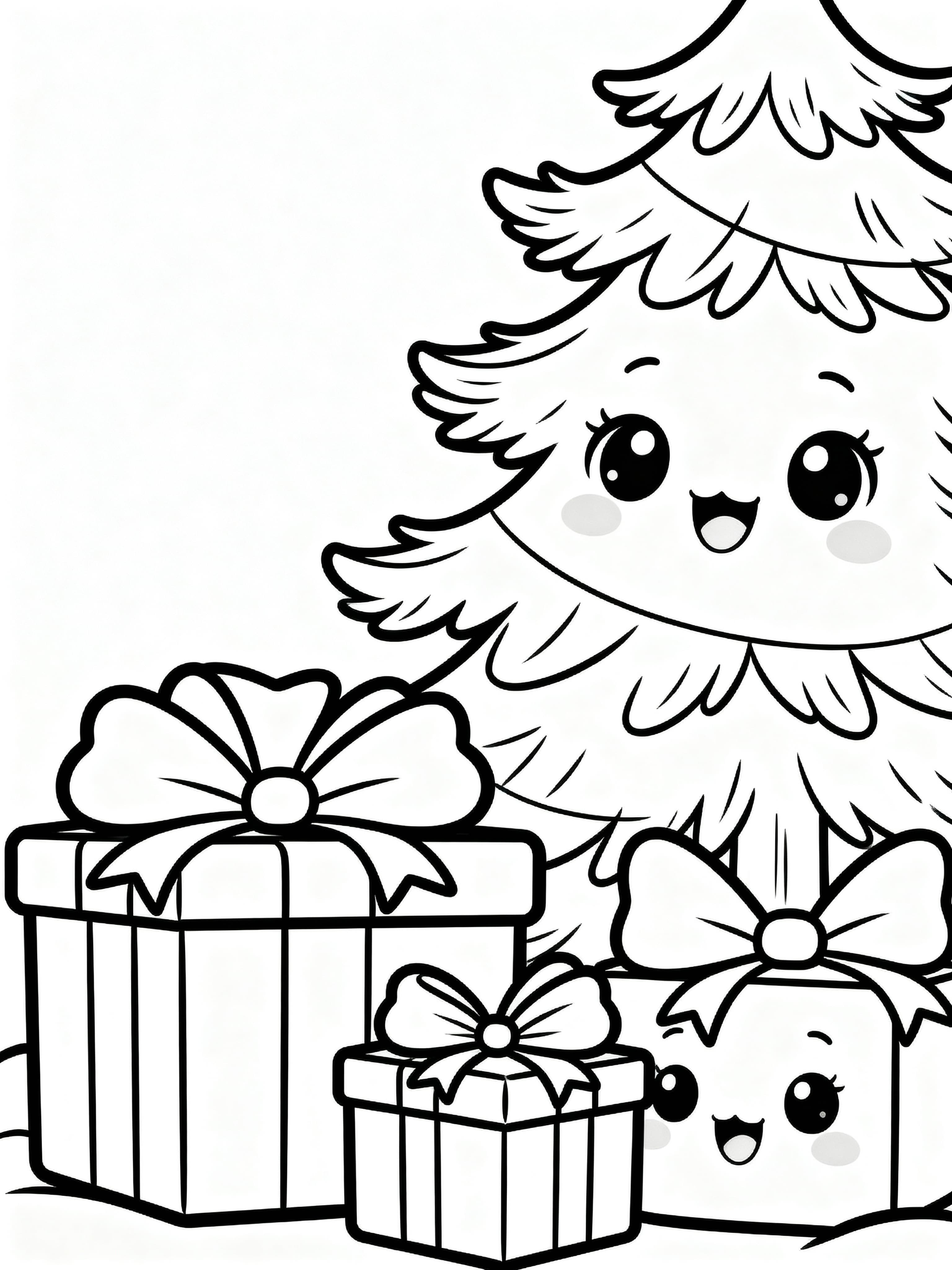 Printable coloring page featuring cute Christmas presents under a decorated Christmas tree