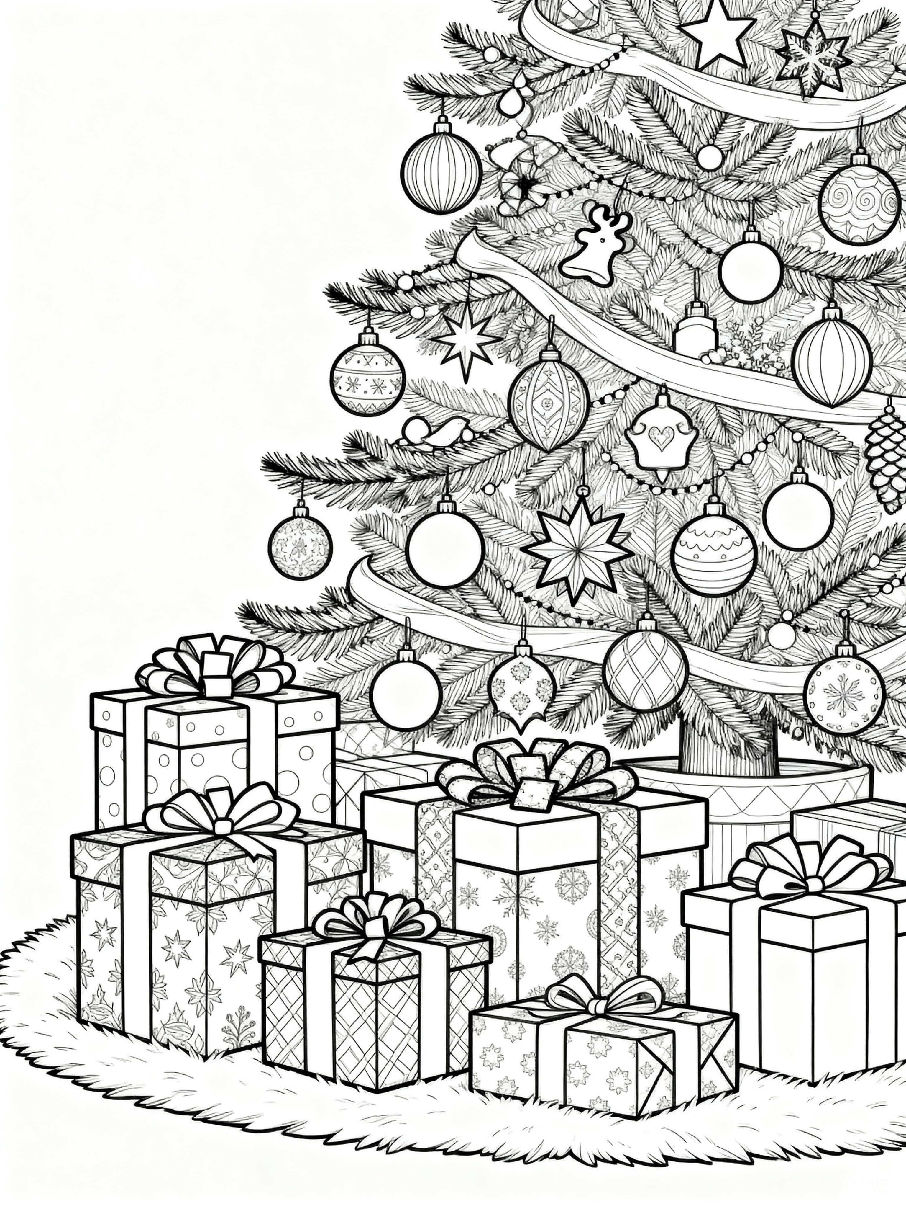 Free printable coloring page featuring Christmas presents under a beautifully decorated Christmas tree