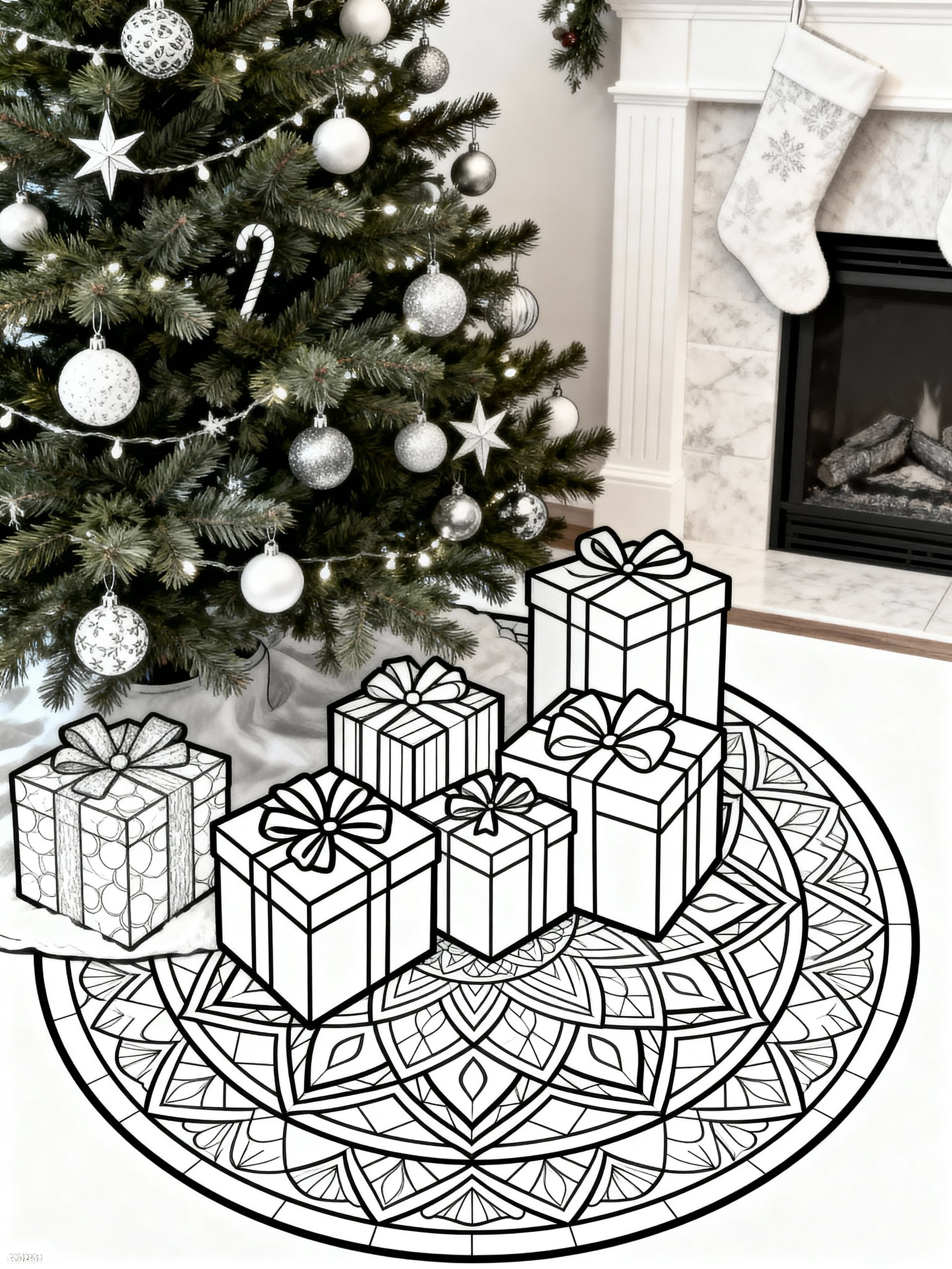 Intricate mandala design of Christmas presents under the Christmas tree for coloring
