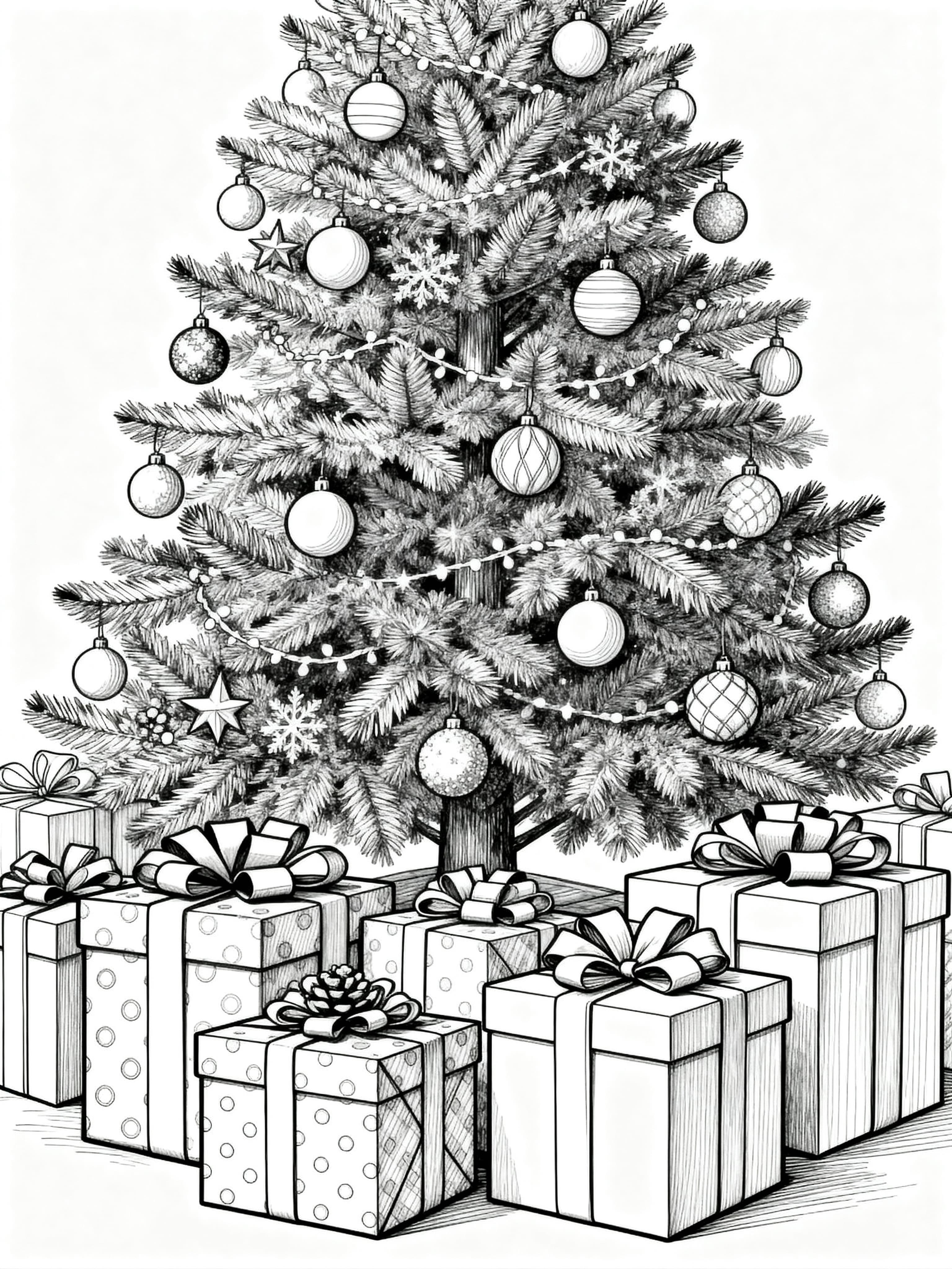 Detailed coloring page of Christmas presents under a beautifully decorated tree