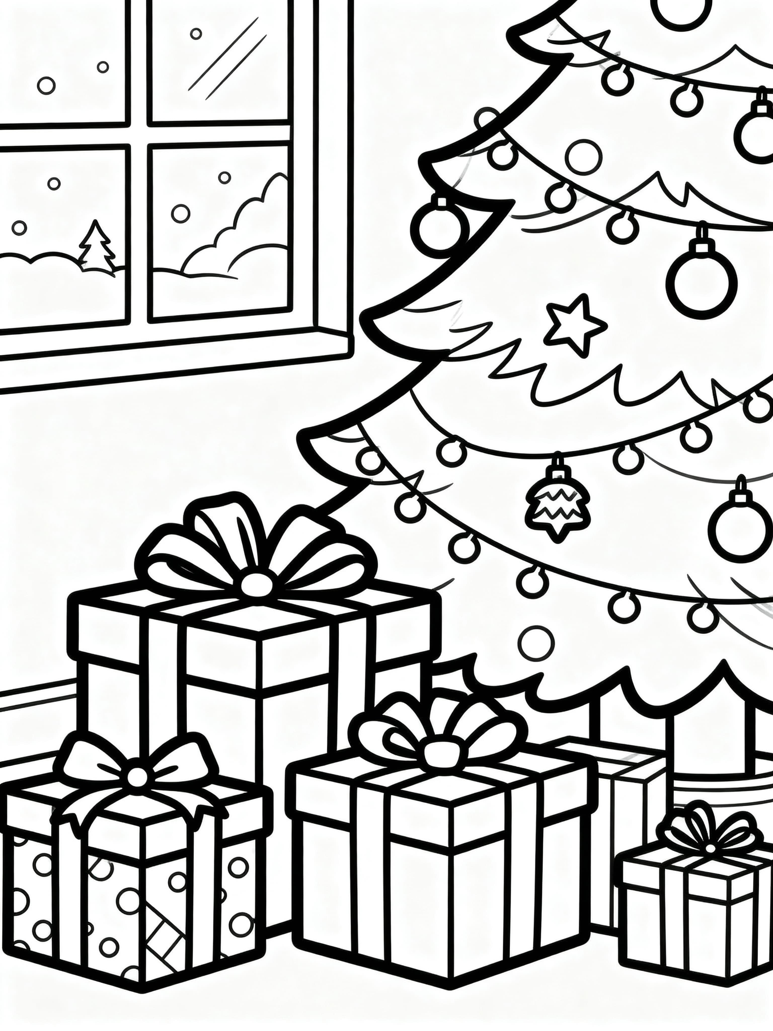 Coloring page of Christmas presents under the tree for kids