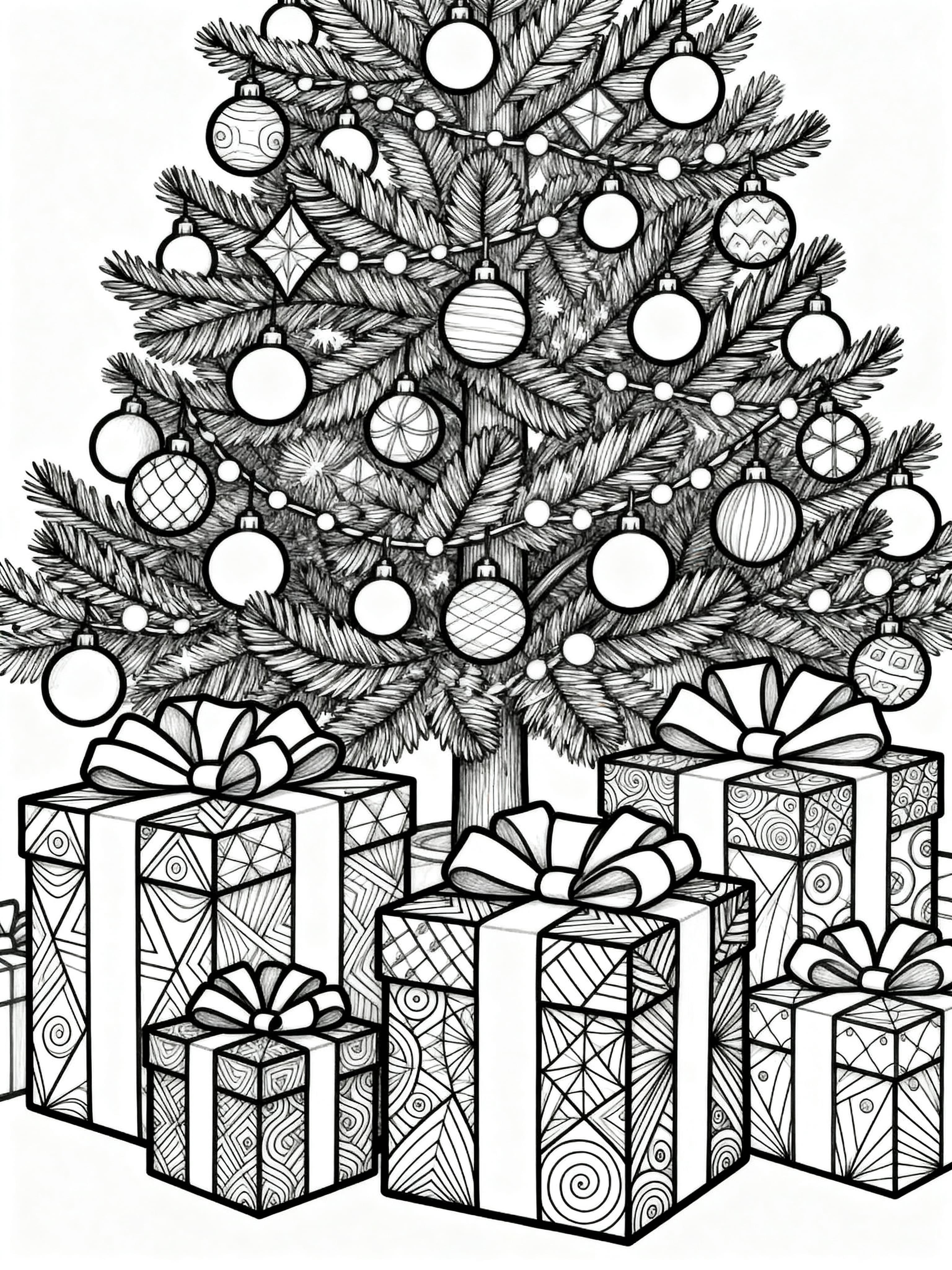 Free printable coloring page of Christmas presents under the Christmas tree, featuring intricate Zentangle designs.