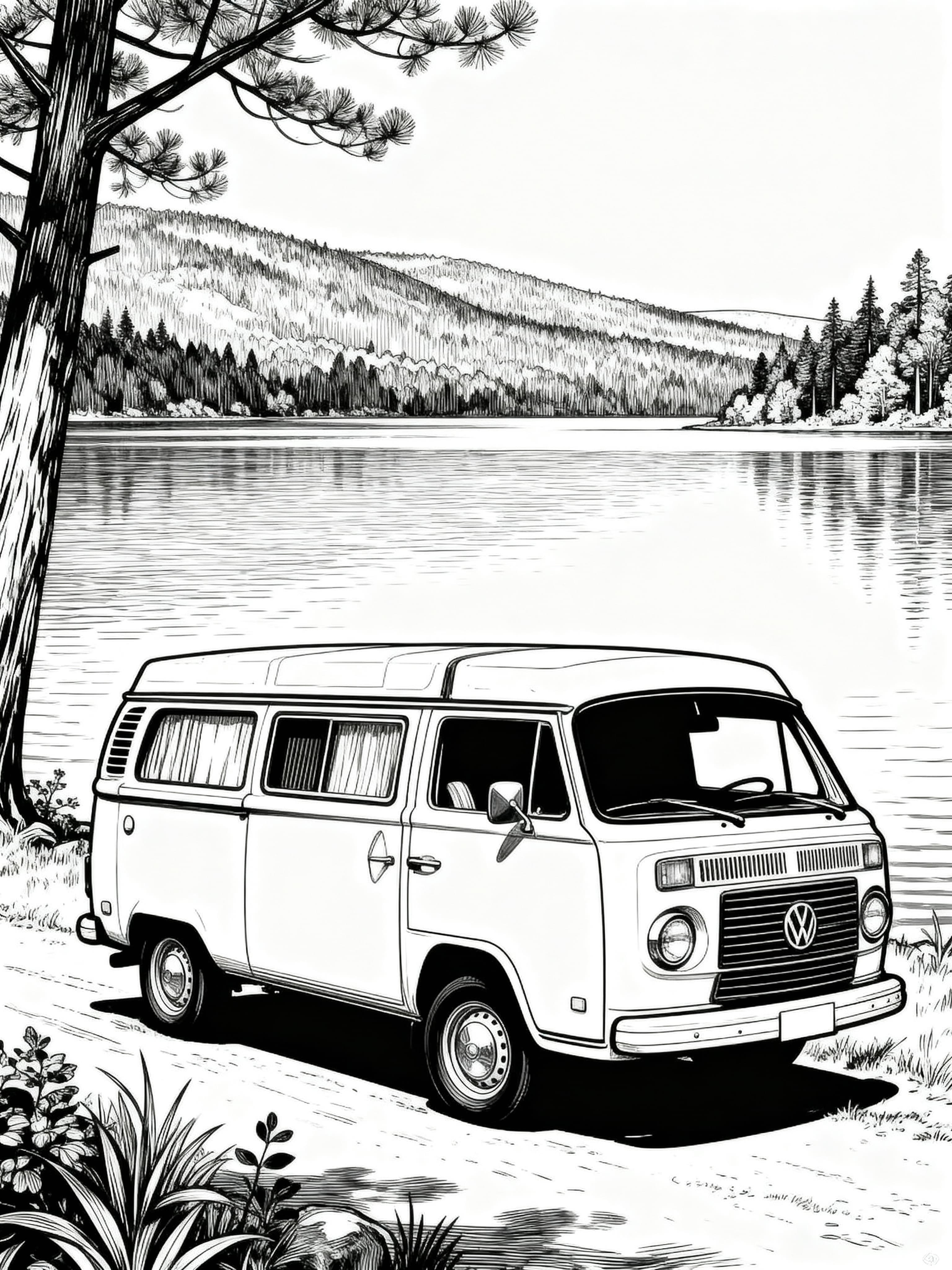 Vintage A beautiful van parked at the lake, 80s style Coloring Page