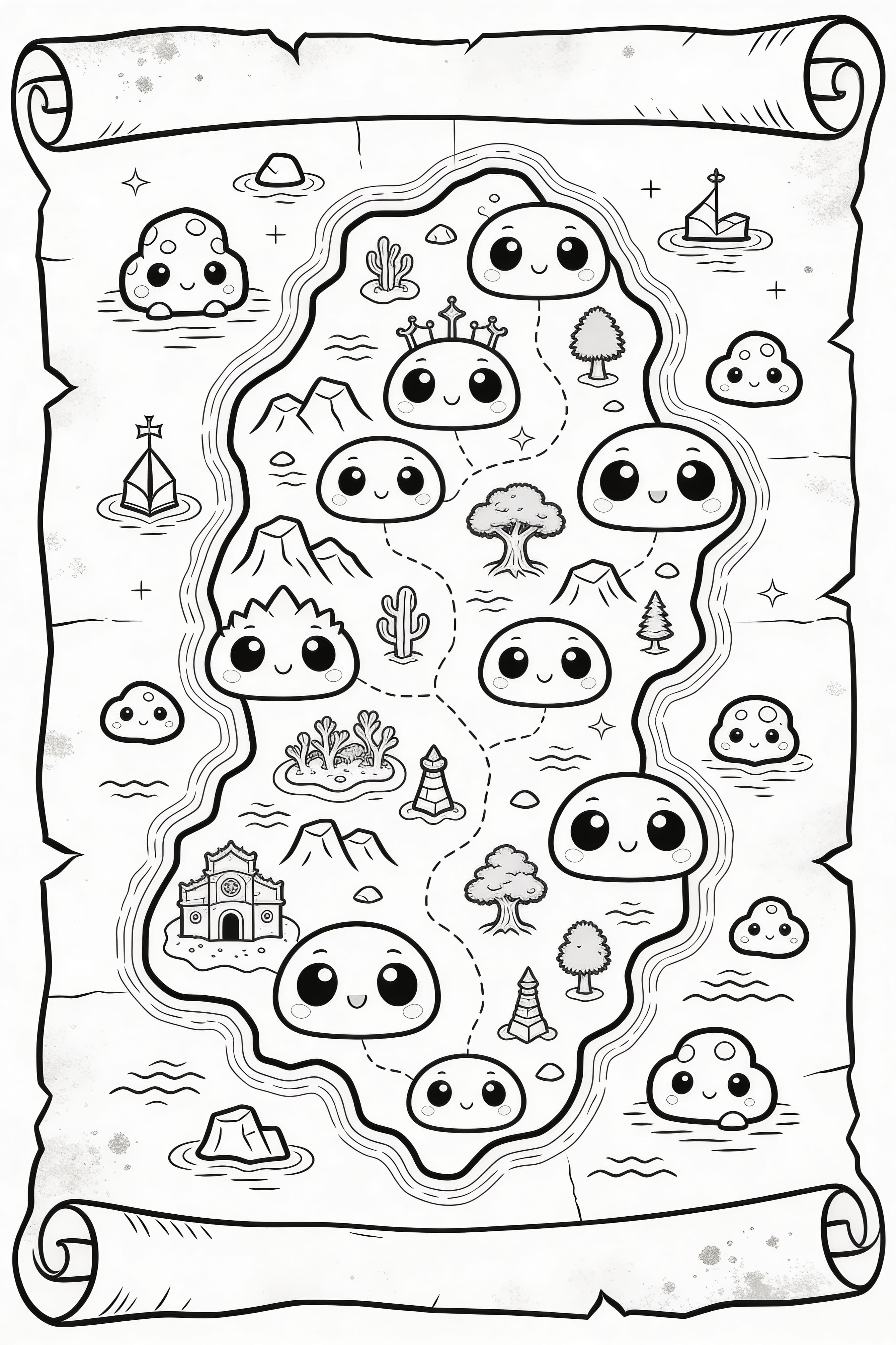 Top-down fantasy RPG map as hand-drawn chart on aged parchment