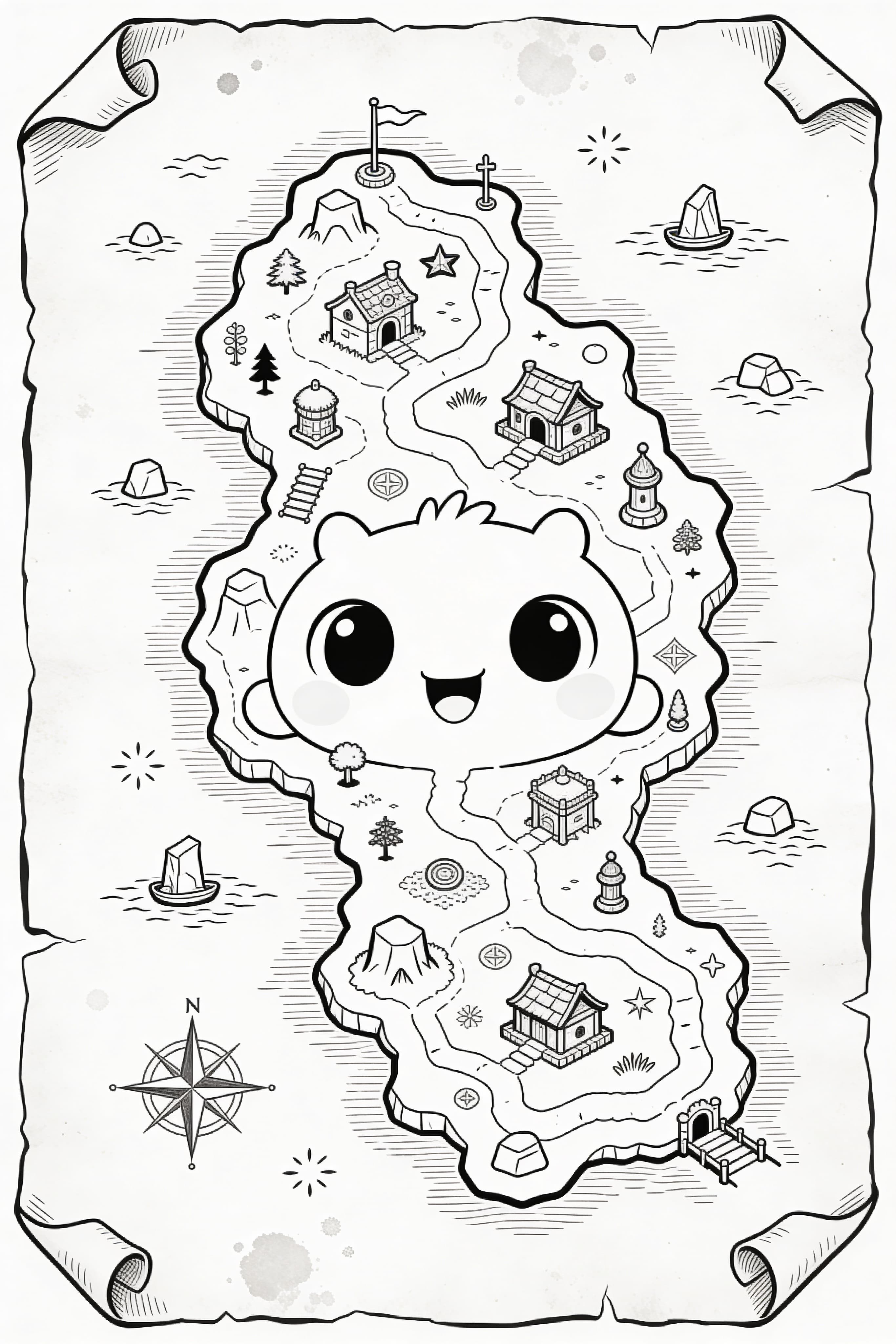 Cute cartoon style RPG map with hand-inked landmarks and aged parchment effect