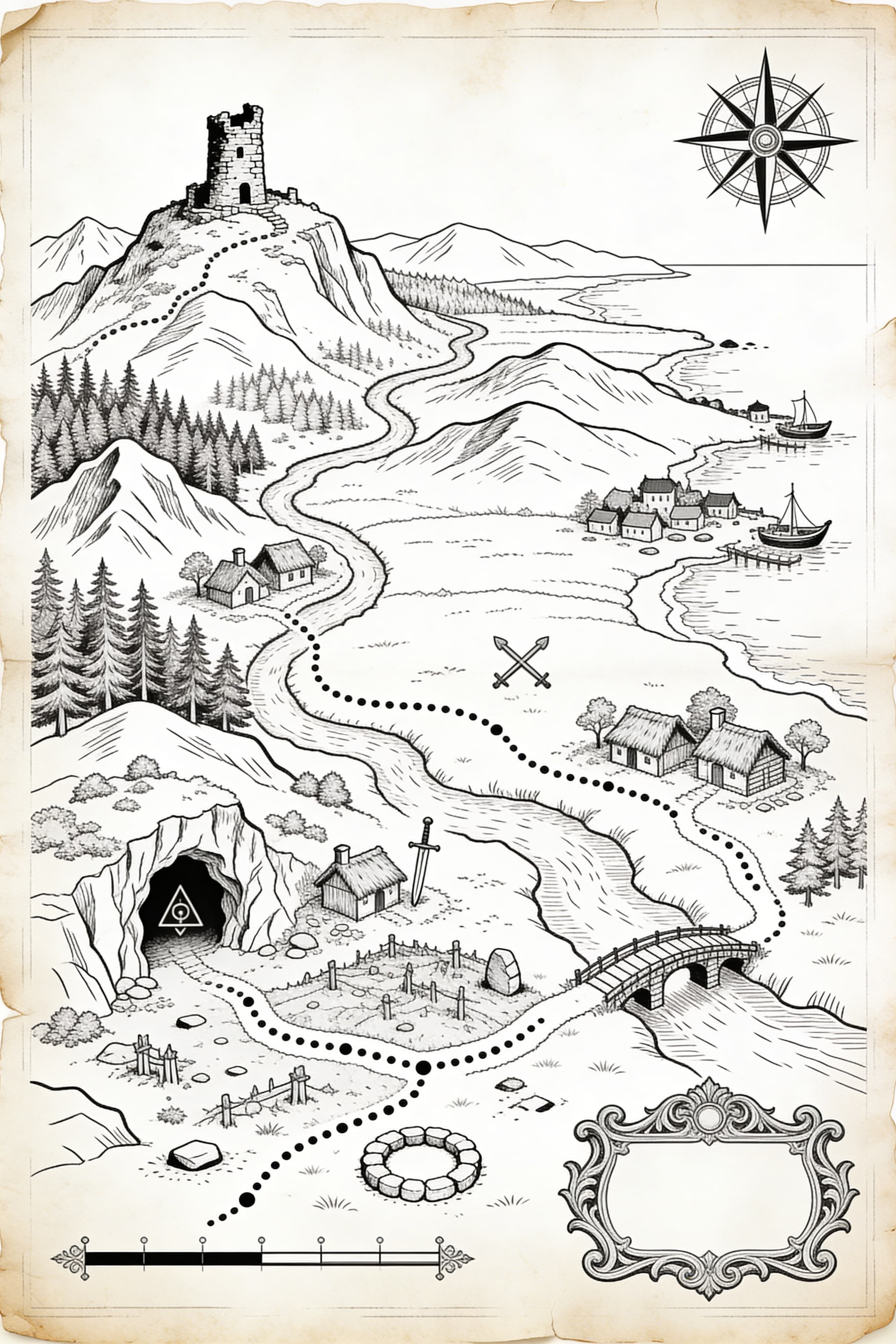 Top-down fantasy RPG map RPG map with detailed landmarks