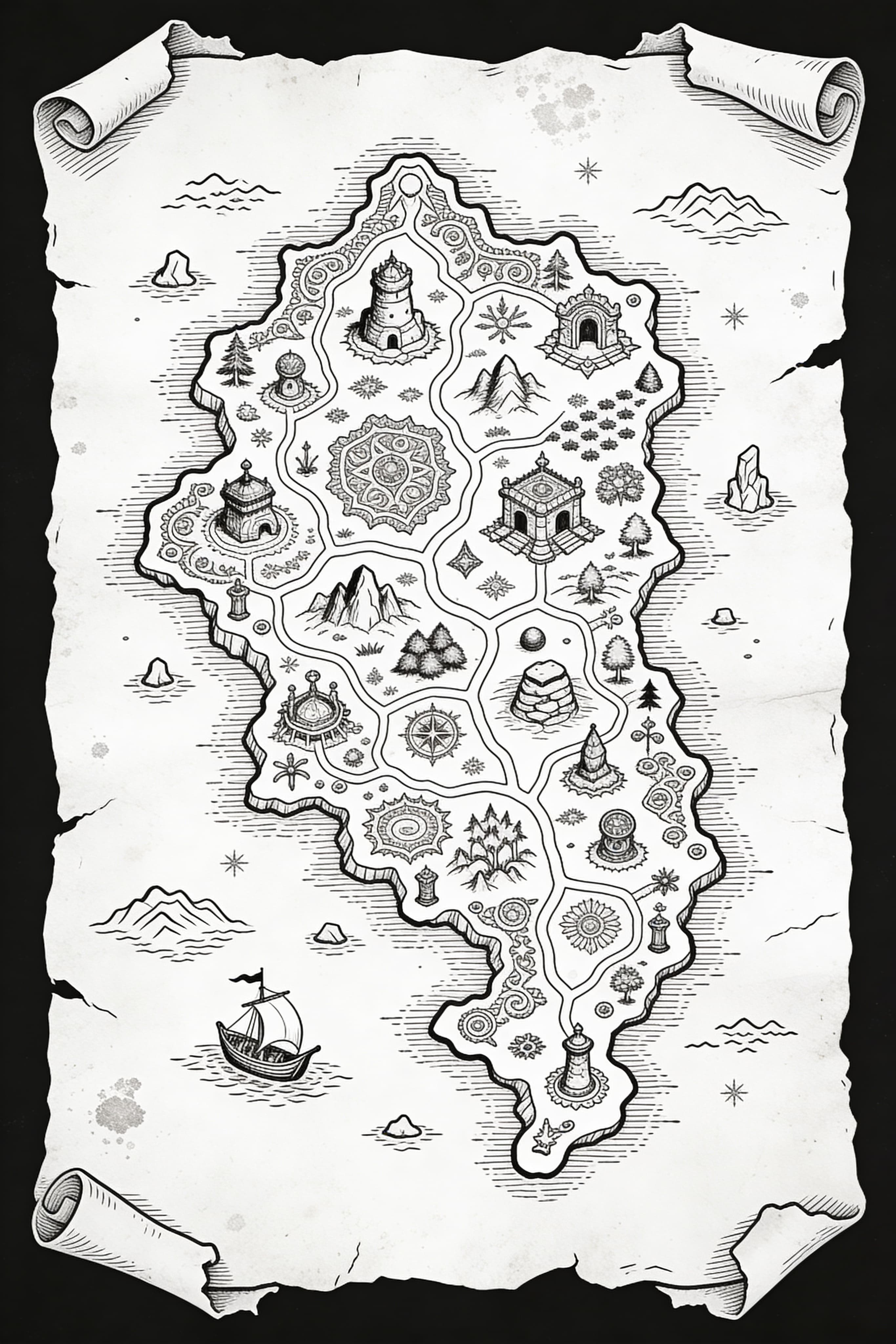 Top-down fantasy RPG map with hand-drawn landmarks on aged parchment