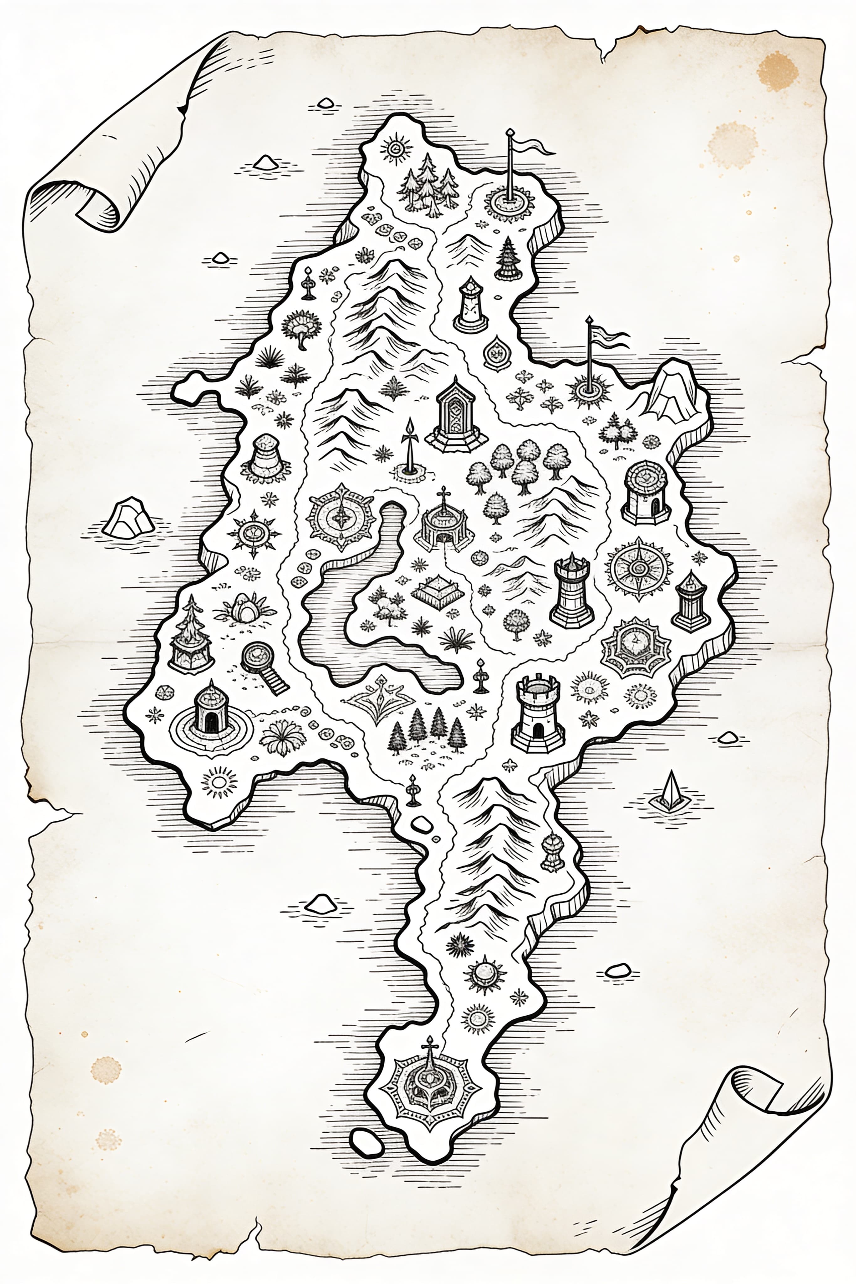 Hand-drawn fantasy RPG map with detailed landmarks on parchment