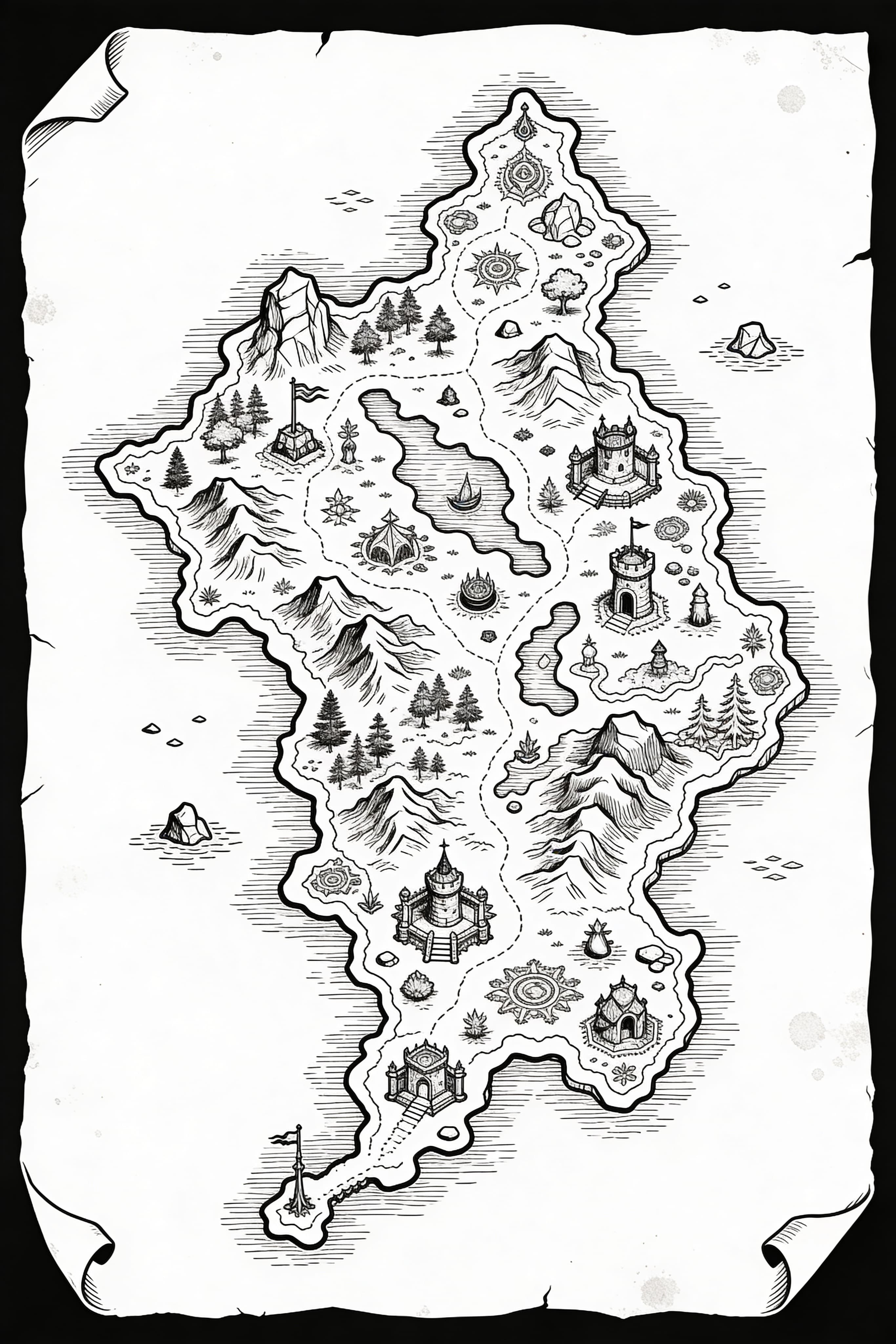 Detailed fantasy RPG map RPG map with hand-inked landmarks