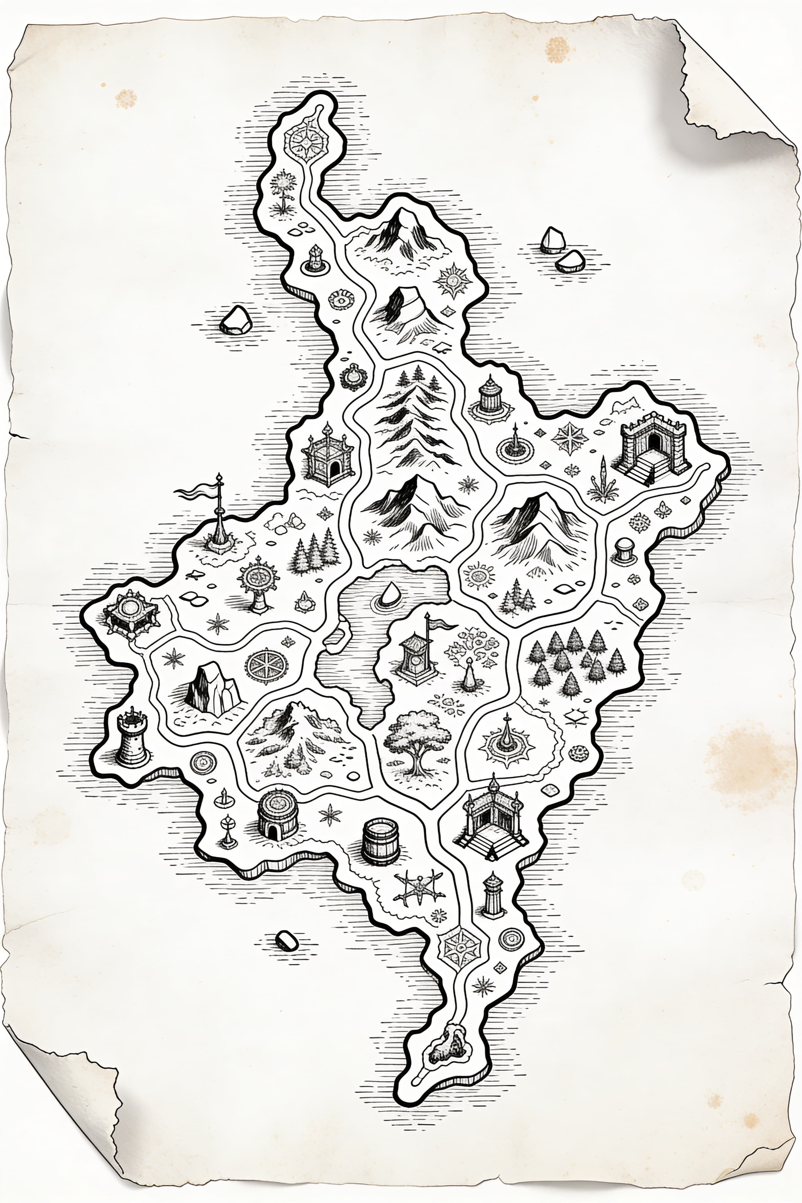 Detailed hand-drawn fantasy RPG map on aged parchment.